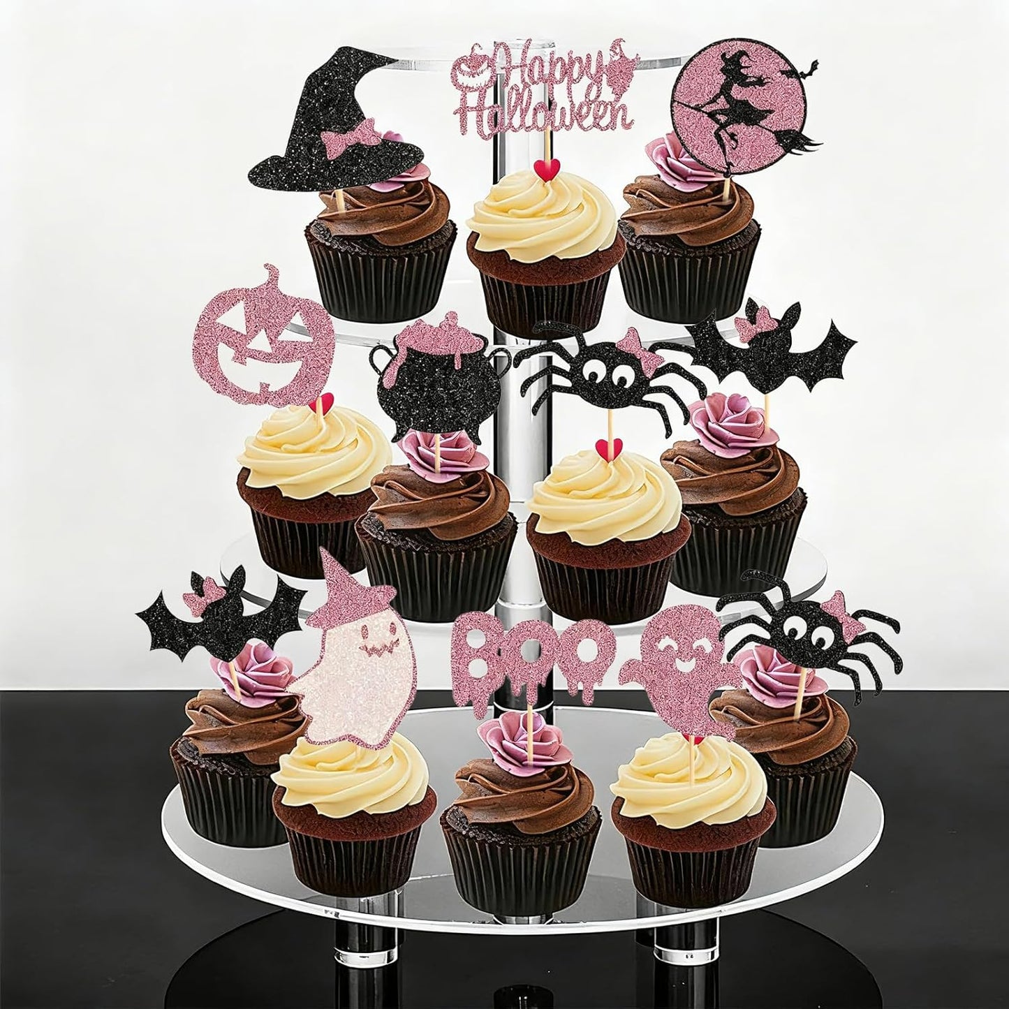 60Pcs Halloween Cupcake Toppers, Bat Pumpkin Ghost Cupcake Decorations for Halloween Party Supplies,Pink Multi Style1