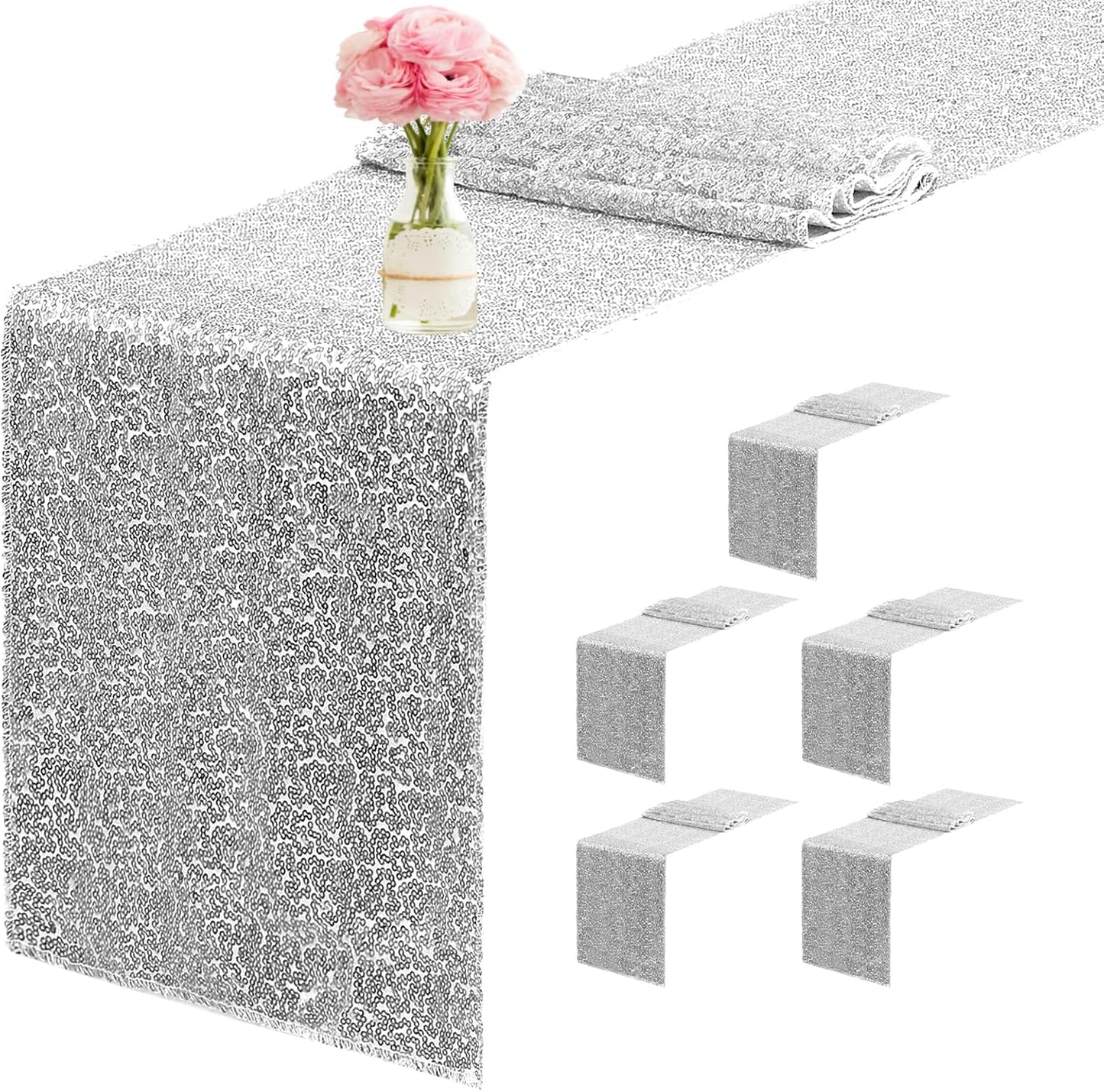 6 Packs 12 x 72 inches Sequin Table Runner, Silver Glitter Table Runner for Birthday Party Supplies Wedding Engagement Baby Shower Holiday Celebration Event Decorations