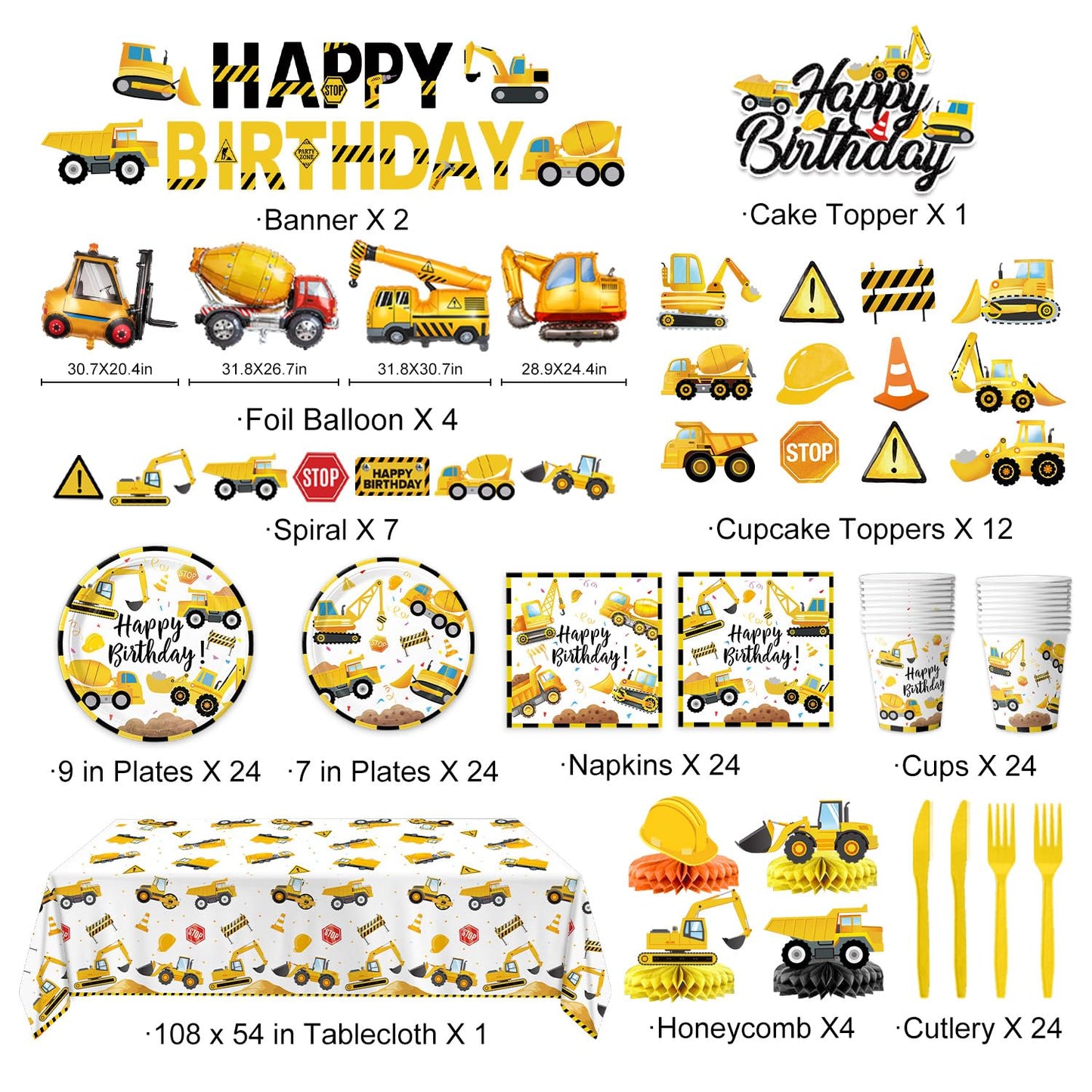 Construction Birthday Party Supplies - Plates, Napkins, Cups, Cutlery, Banner, Hanging Swirls