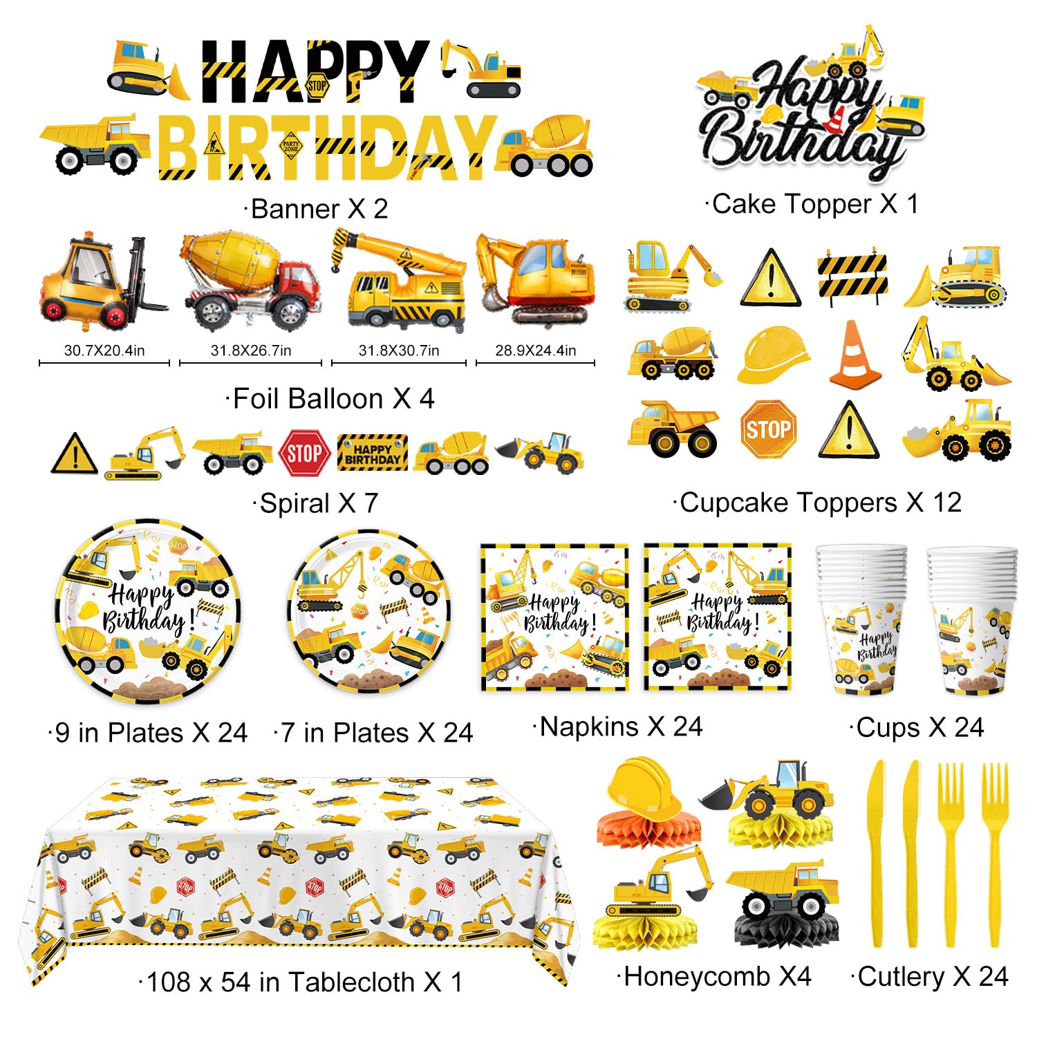 Construction Birthday Party Supplies - Plates, Napkins, Cups, Cutlery, Banner, Hanging Swirls