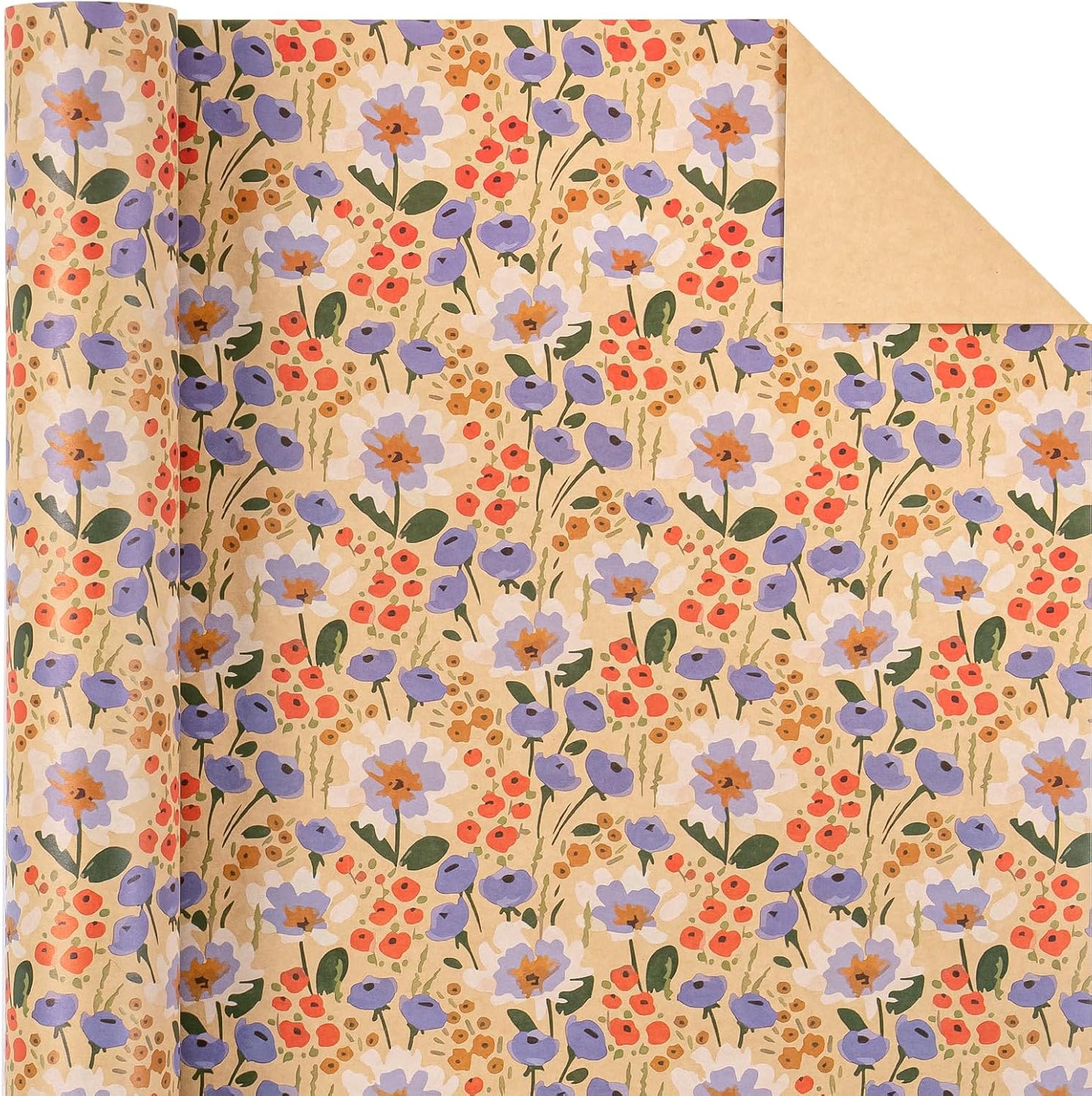 WRAPAHOLIC Kraft Floral Wrapping Paper Roll - Mini Roll - 17 Inch x 16.5 Feet - Watercolor Flower Wrapping Paper, Perfect for Wedding, Birthday, Bridal Shower, Tea Party