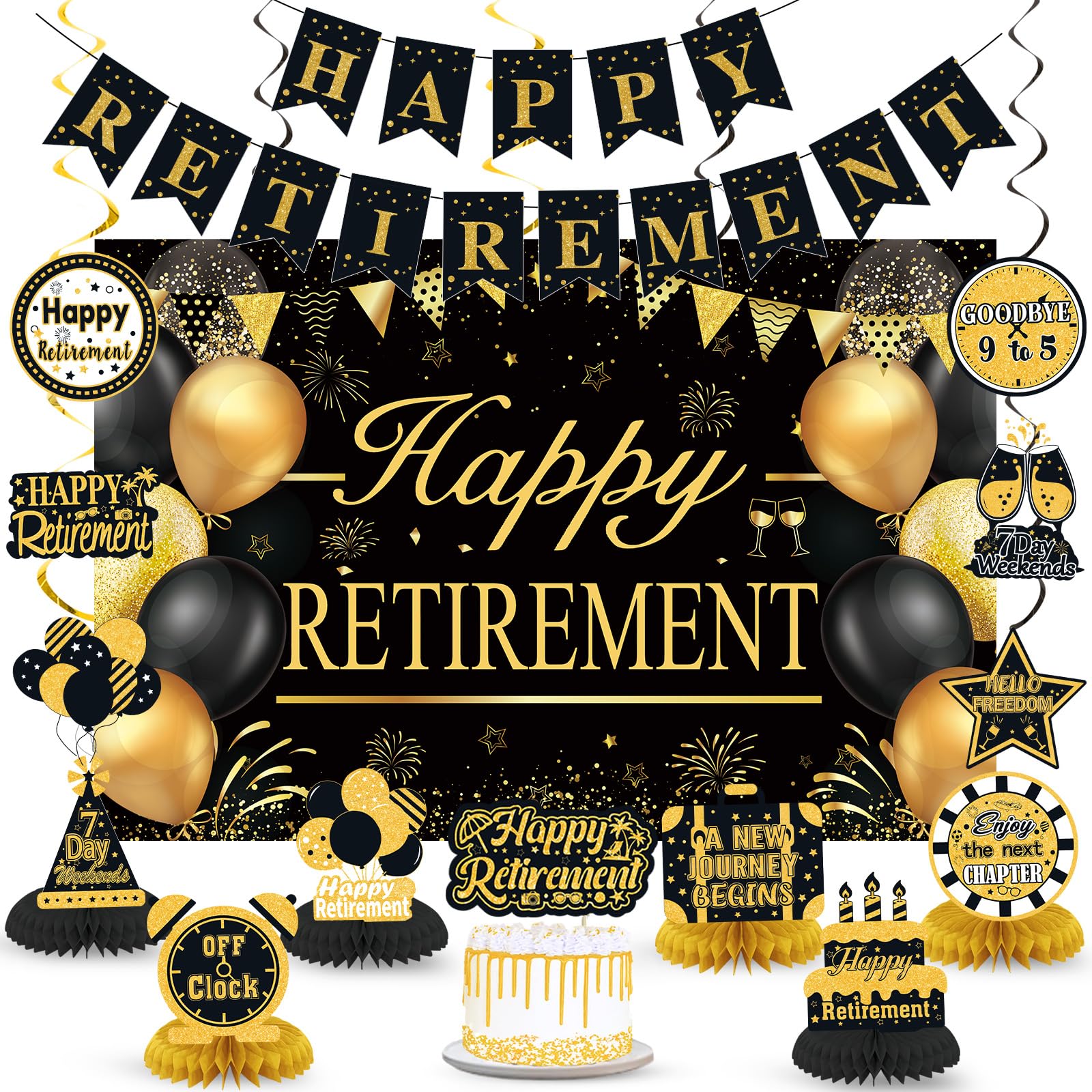 Retirement Party Decorations for Men Women Black Gold Happy Retirement Banner Backdrop Honeycomb