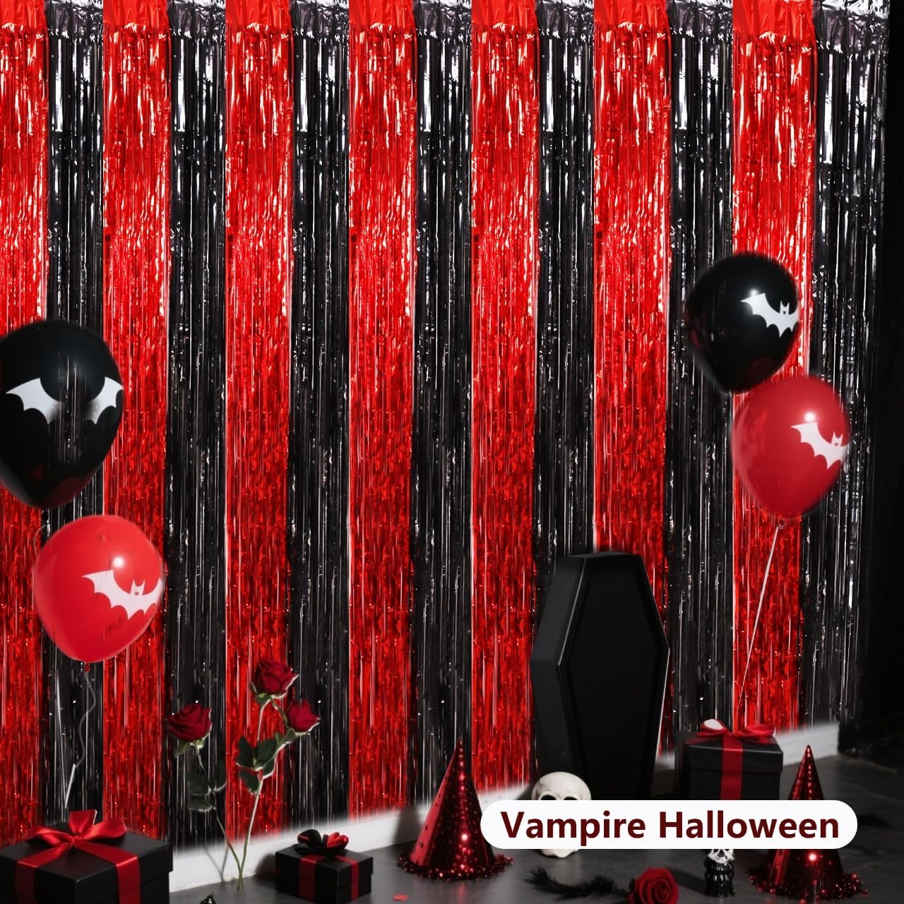 BEISHIDA Red Black Door Streamers Backdrop Foil Fringe Tinsel Party Streamers Curtains Photo Backdrop - 2Pcs for Birthday Graduation Bachelorette Halloween New Year Party Decoations