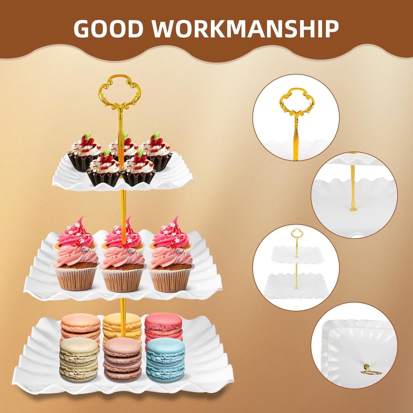 10 Pack Dessert Table Display Set, 4 Three-Tier Square Cupcake Stands and 6 Serving Trays for