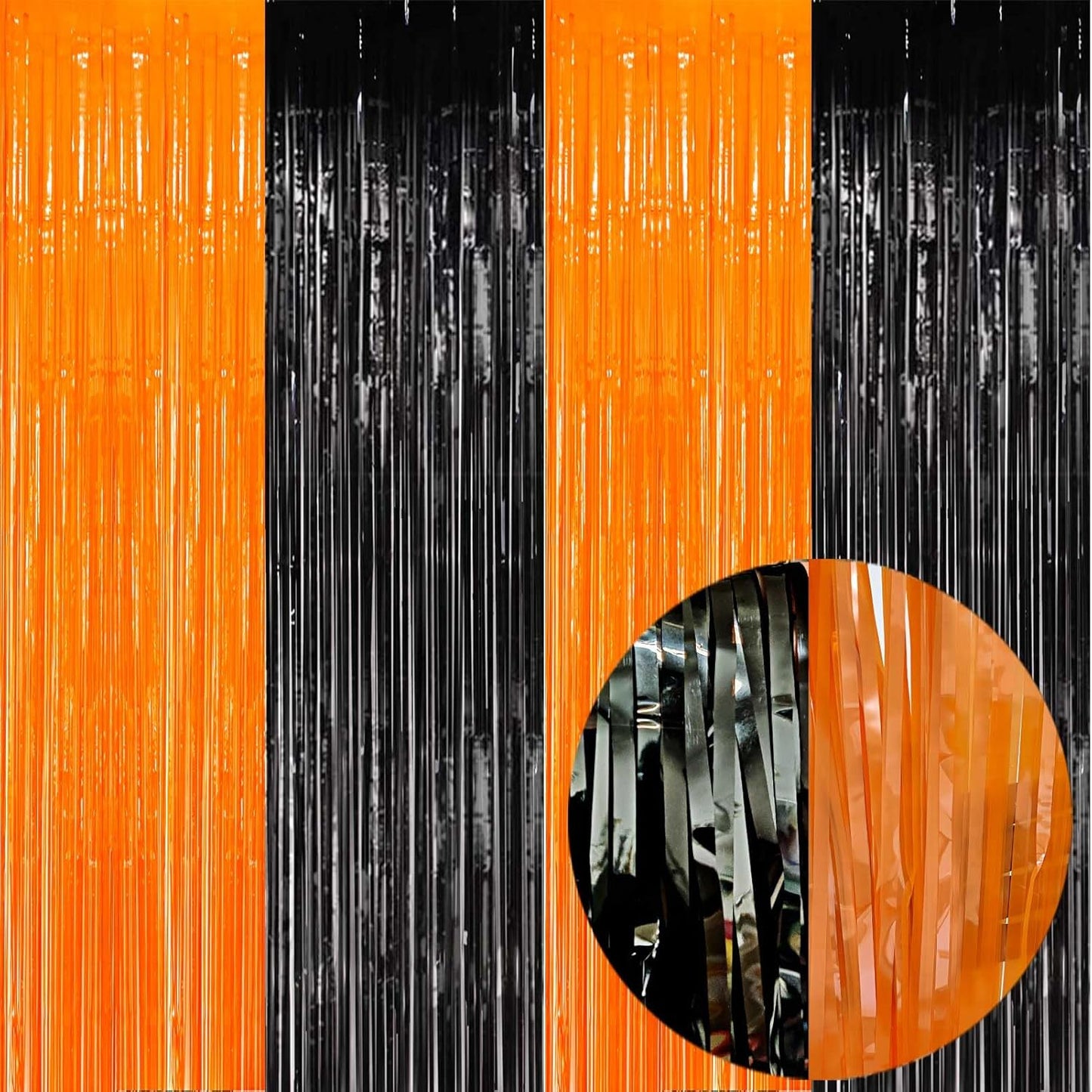 Foil Fringe Curtains-4 Pack of 3.2x8.2ft Orange Black Foil Fringe Curtains for Birthday Halloween Photo Backdrop Party Decorations, Orange and Black Party Streamers for Photo Booth Props