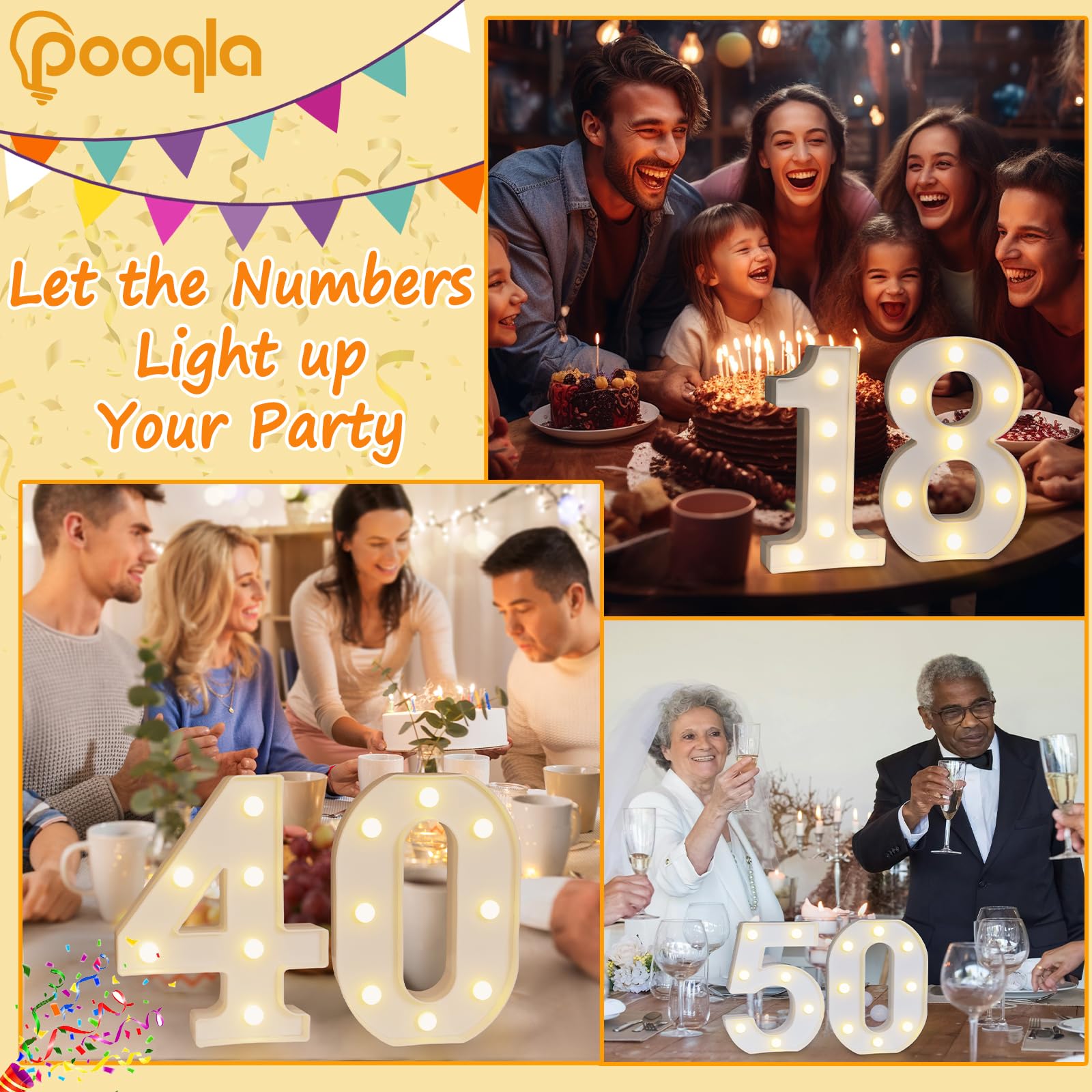 Pooqla Decorative Led Light Up Number Letters, White Plastic Marquee Number Lights Sign 16th
