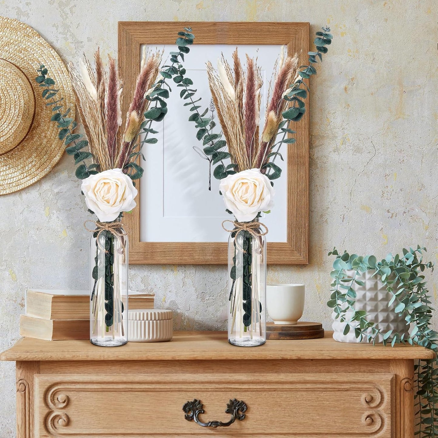 10 Set Dried Pampas Grass Centerpiece for Wedding 10 Clear Glass Jars 10 Artificial Roses 80 Dried Pampas Grass with Rope for Baby Shower Rustic Bridal Party Farmhouse Decoration (White)