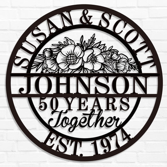 Custom 50th/40th/60th/70th/30th/1-99 Years Wedding Anniversary Sign Gifts for Couples Parents, Custom Metal Monogram Sign Personalized Family Name Signs (Flowers)