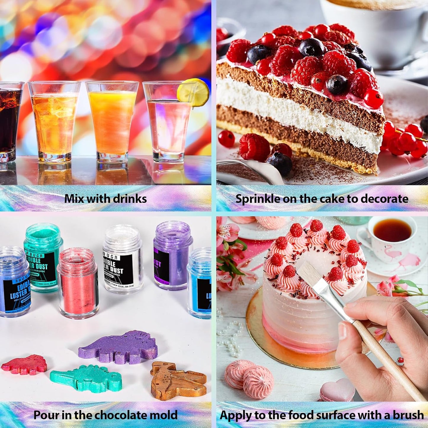 RBUGR Luster Dust Edible, 12 Colors Edible Glitter Pack, Cocktail Food Glitter Edible Dust, Vegan Edible Shimmer, Drink Powder for Cakes Cookies Chocolates Baking（4g/0.14oz）