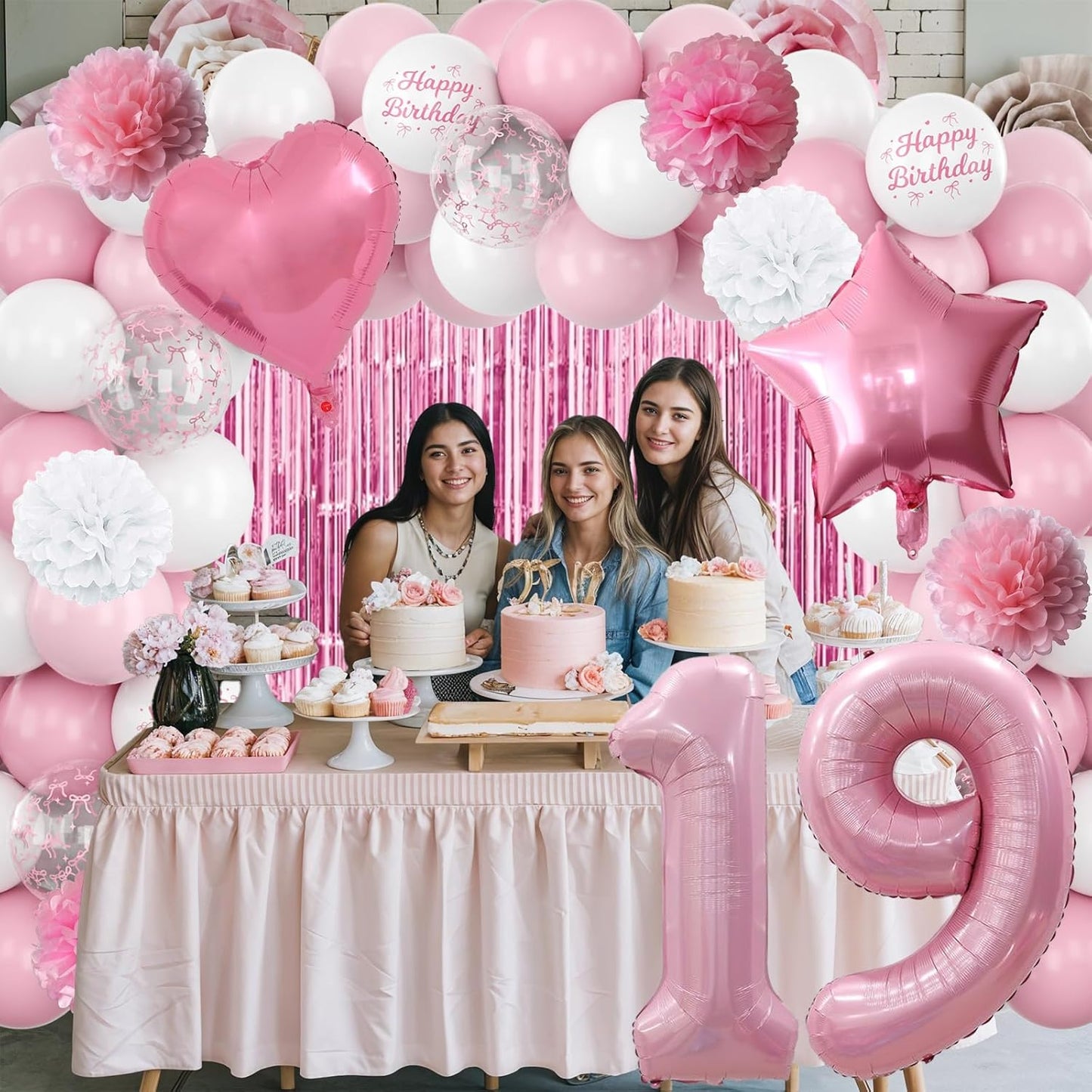 19th Birthday Decorations for Girls Pink Number 19 Balloon Bow Coquette Happy Birthday Banner Fringe Curtain Paper Pom Poms Star Heart Foil Pink White Balloons 19 Year Old Party Decor for Her