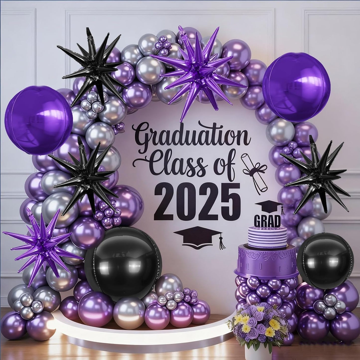 6Pcs Black Purple Foil Balloons,22Inch Purple Black 4D Round Ball Balloon and Explosion Star Balloon for Birthday Wedding Baby Shower Anniversary Party Decorations