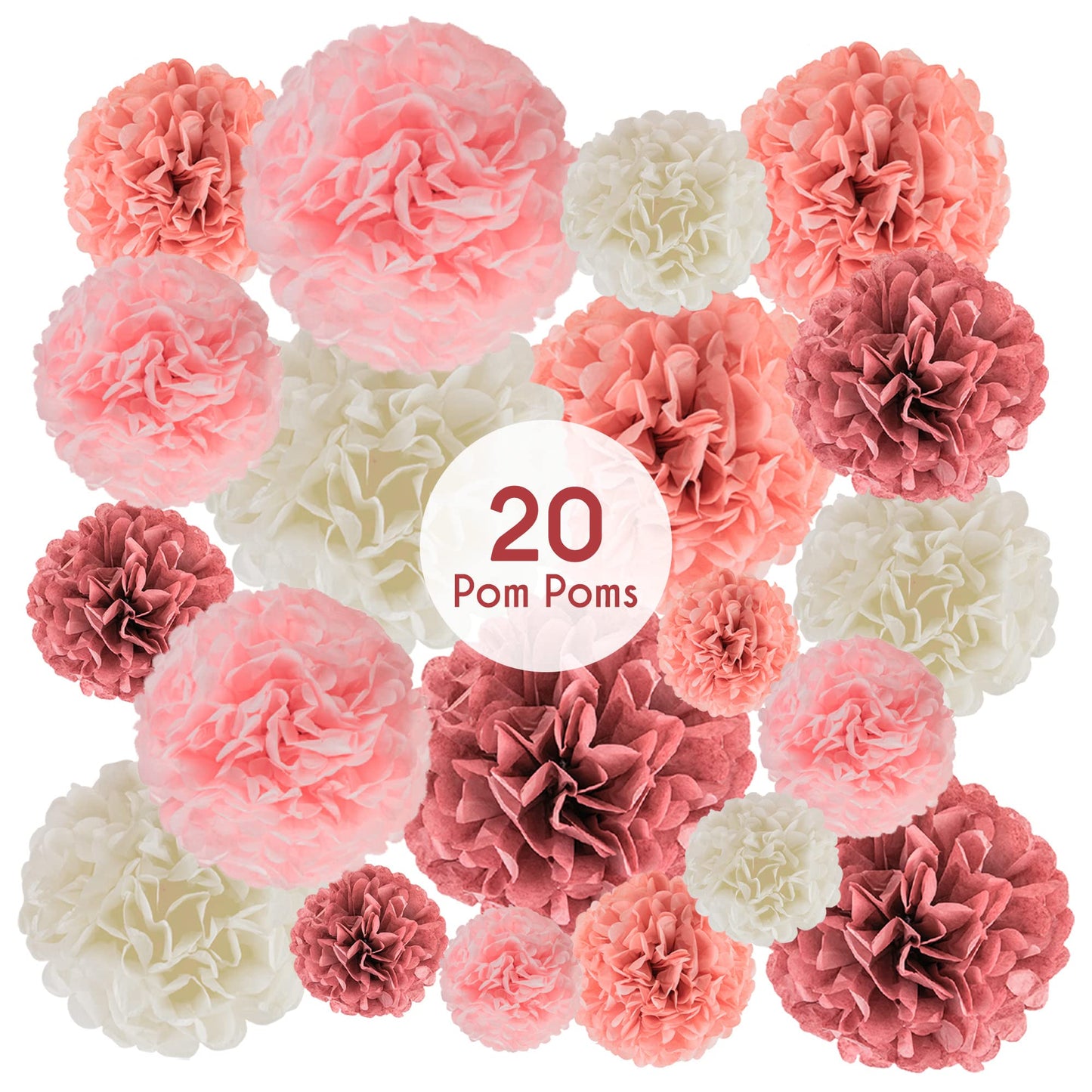 EpiqueOne 20 Piece Tissue Paper Pom Poms | Blush Pink, Dusty Rose, Mauve & Cream | Colorful Paper