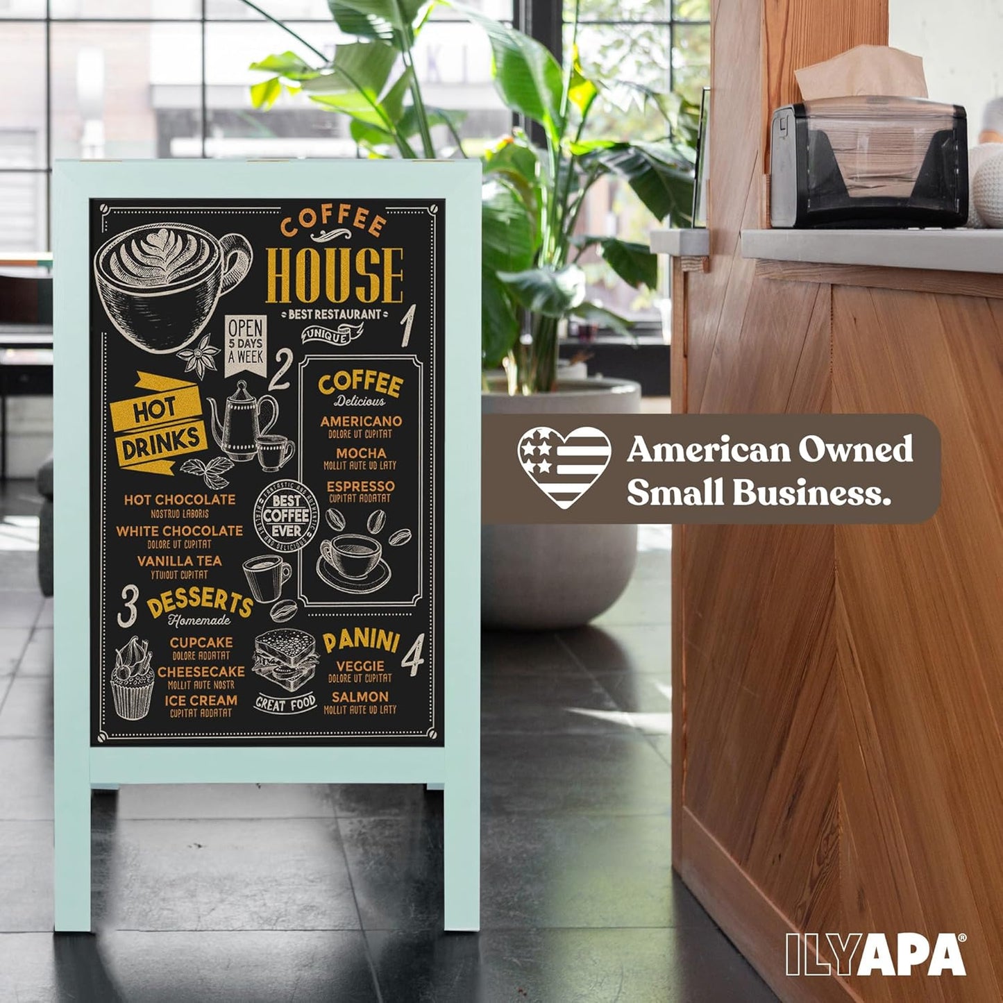 Ilyapa Wooden A-Frame Sign with Eraser & Chalk - 40 x 20 in Magnetic Sidewalk Chalkboard – Turquoise Menu Display for Restaurant, Business Or Wedding