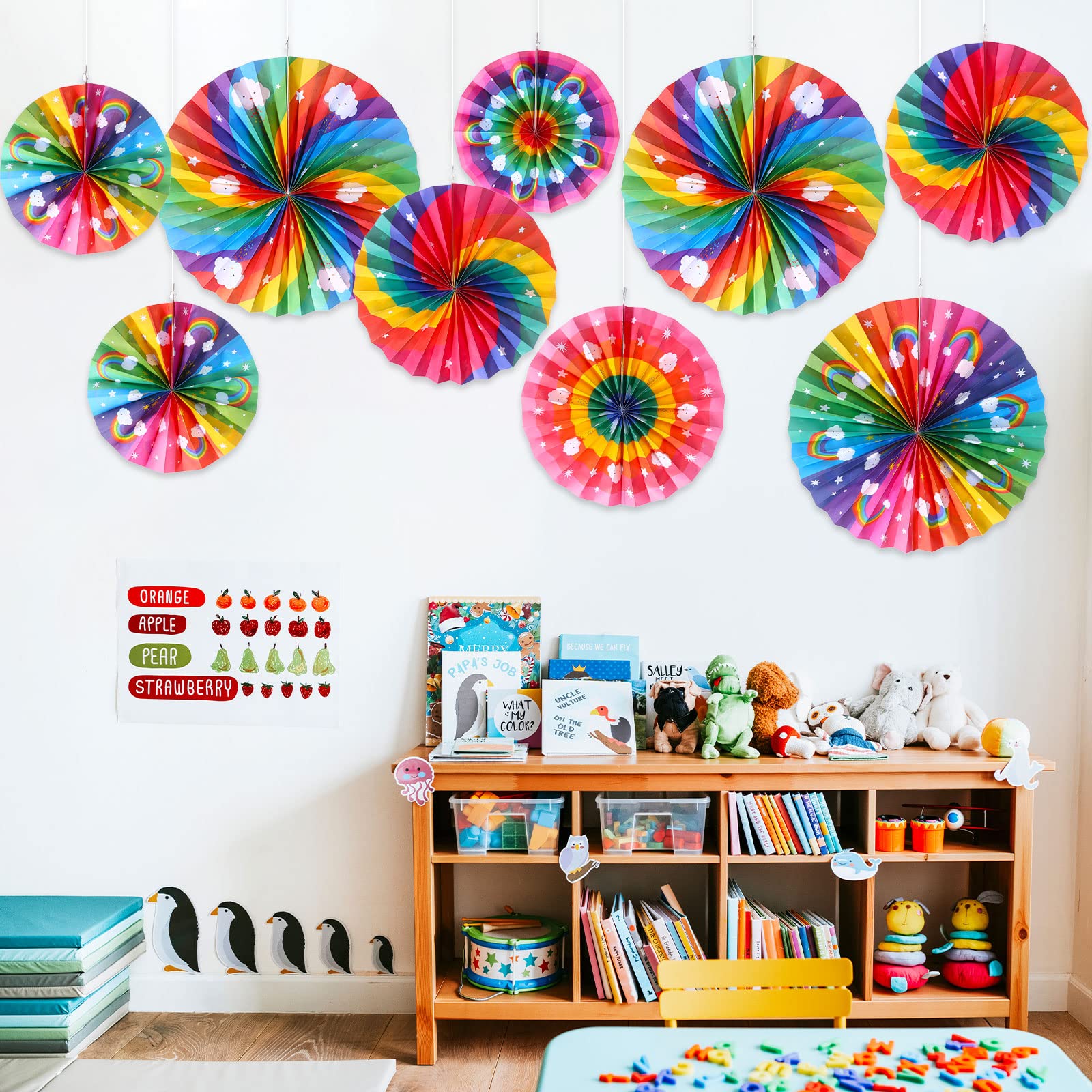 Outus 9 Pcs Rainbow Party Decorations Paper Fans Boho Classroom Bulletin Board Decor Ceiling Wall