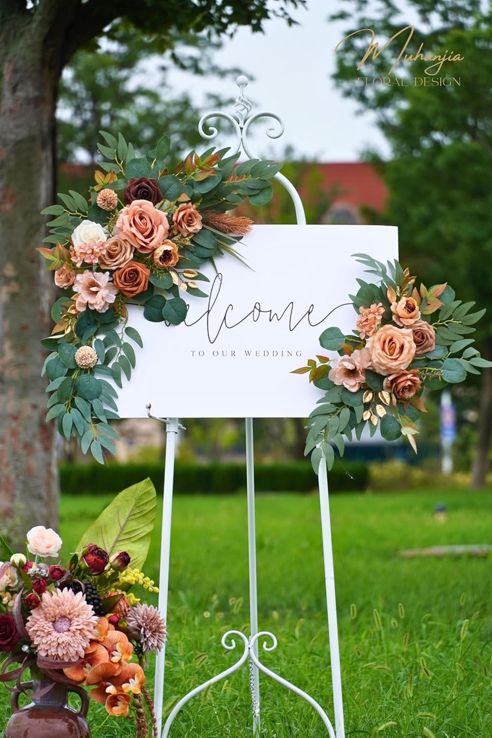 Wedding Sign Faux Flower Swag (Pack of 2) for Ceremony Party Reception Entrance Floral Decor Wall Easel Stand for Wedding Poster Welcome Sign (Terracotta)