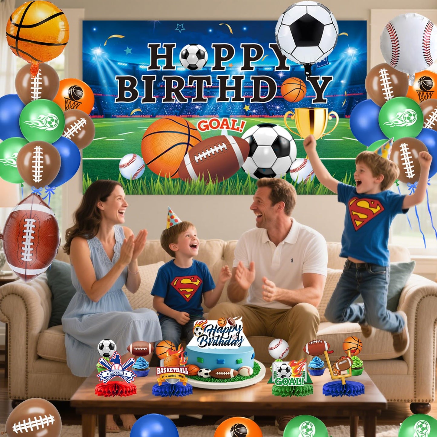 Sports Birthday Party Decorations Includes Banner, Backdrop, Foil & Latex Balloons, Cake & Cupcake
