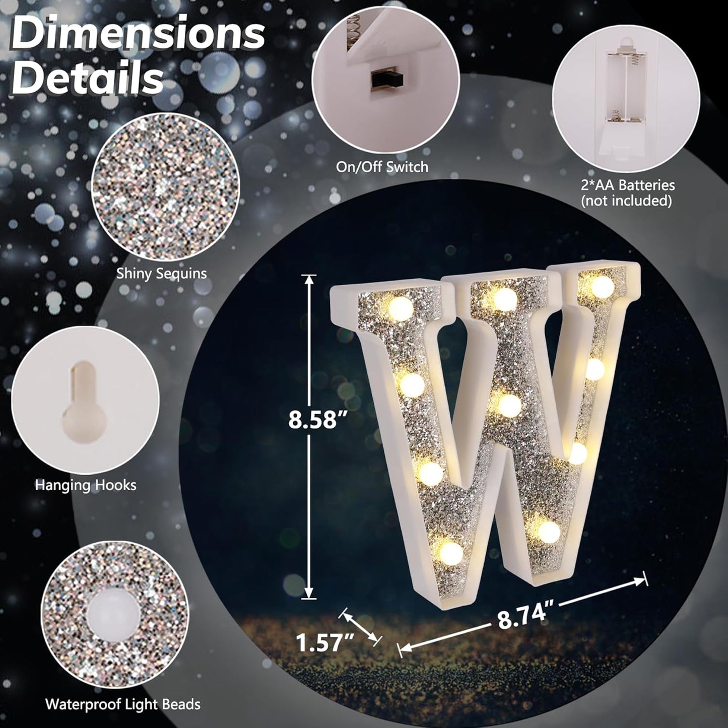 Marquee Light Up Letters, Glitter Silver LED Letter Lights Battery Powered Alphabet Letter Sign for Night Light Wedding Birthday Party Cafe Bar Decoration Girls Room Decor - W