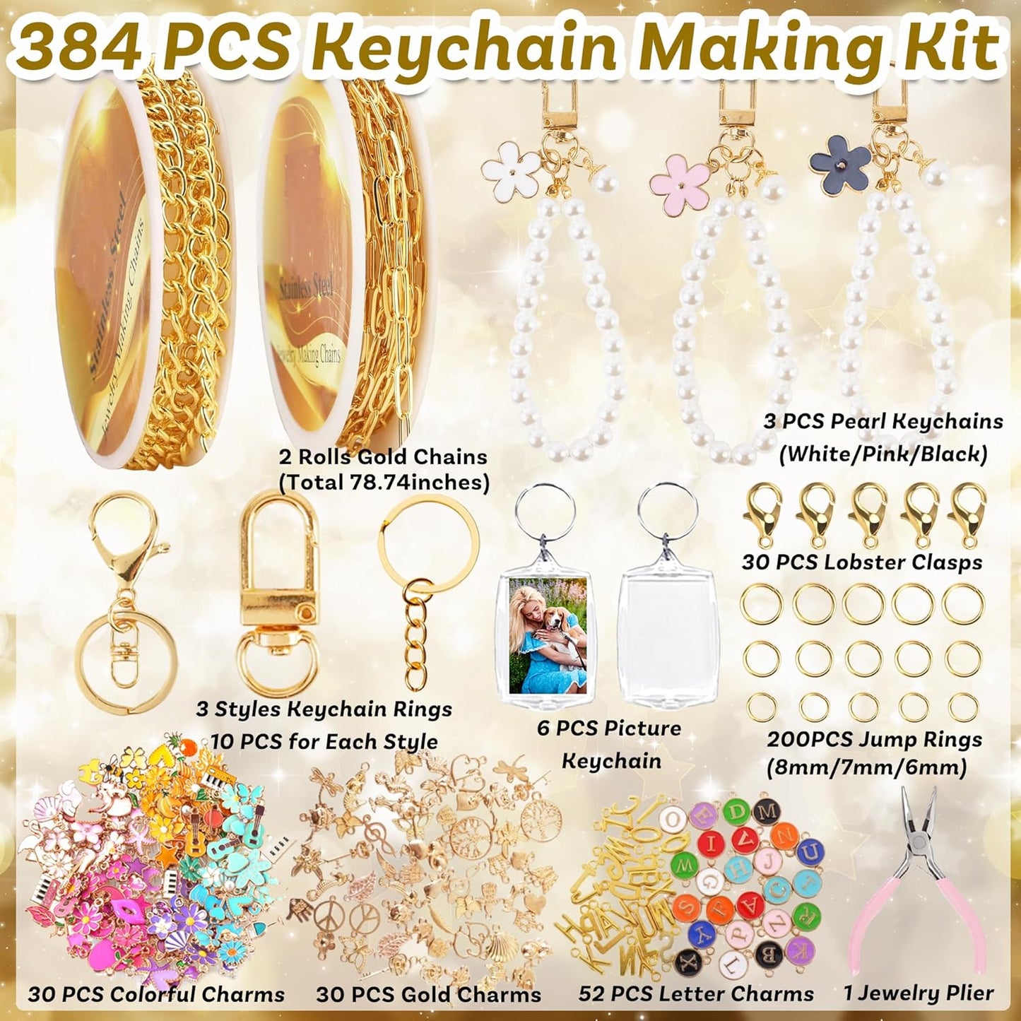 Namifin 384 Pcs Keychain Making Kit with Charms & Keychain Clips - DIY Bag Charms, Pearl Keychains, Photo Keychains, Personalized Gifts for Friends Small Business