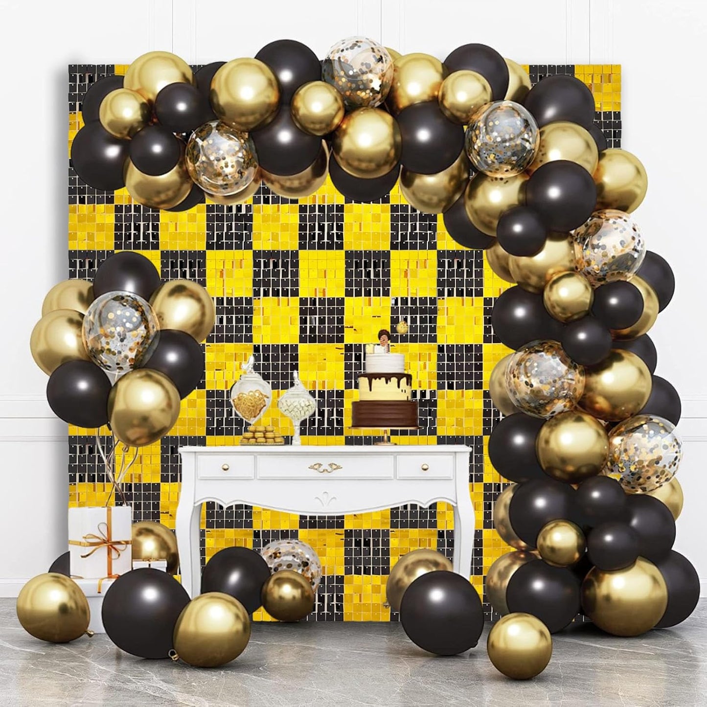 24PCS Black Gold Shimmer Wall Backdrop, Square Sequin Photo Backdrops Panel, Glitter Wall Background for Birthdays, Weddings, Christmas, Engagements, New Years Party Decor (4FTx6FT)