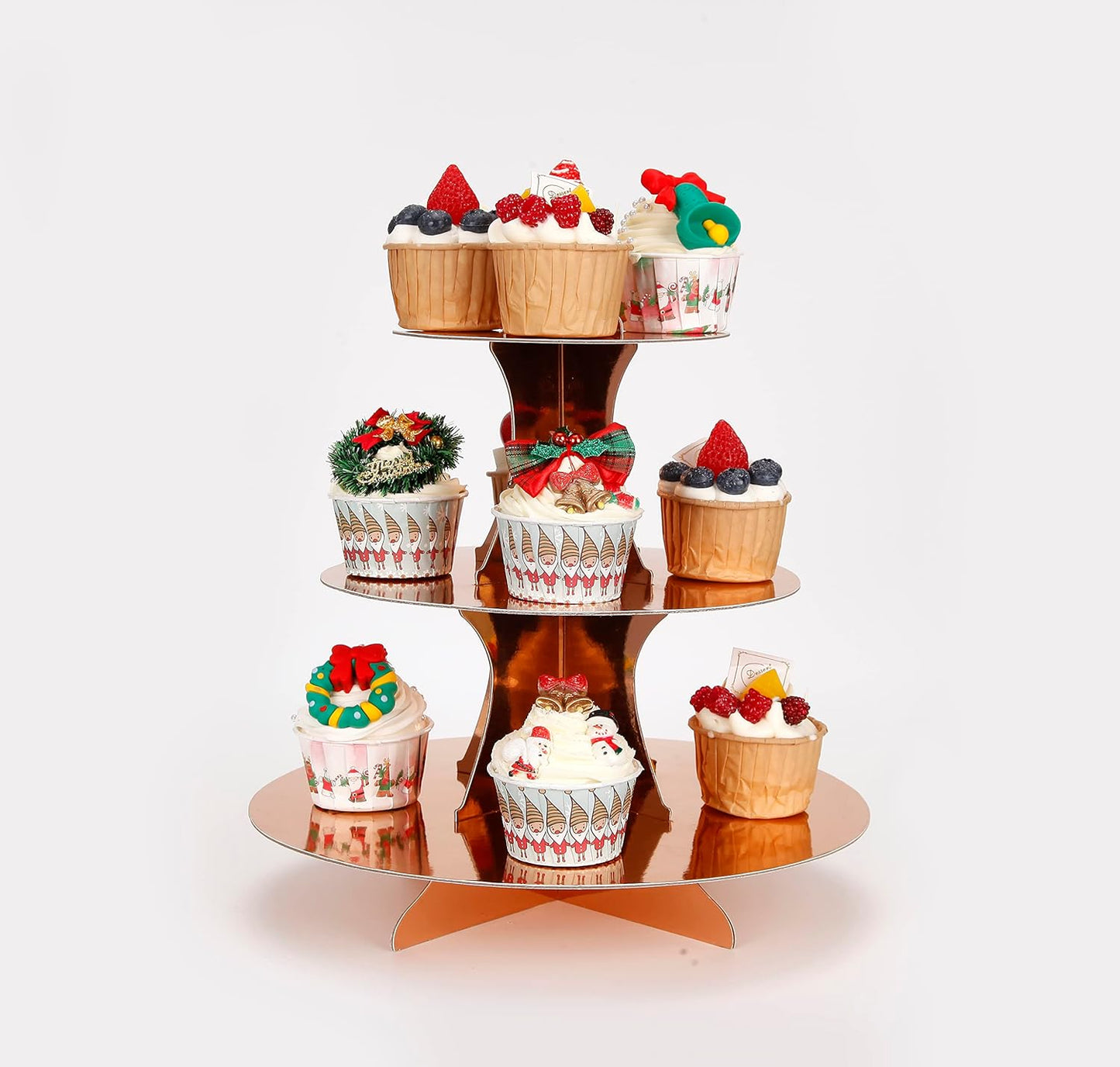 3-Tier Cupcake Stand, Rose Gold Cardboard Cake Stand holder, Tiered DIY Cupcake Stand Tower for Dessert Table Displays, Birthday Theme Party Favors Decoration, Floral Tea Party, 12" W x 12.8" H