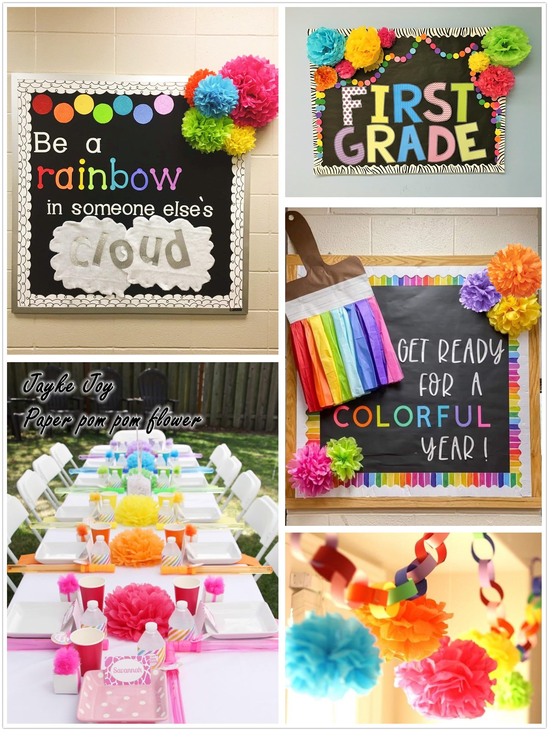 12pcs Colorful Paper Pom Poms Set for Party Decor (Mixed Size 8/10/12 Inch)