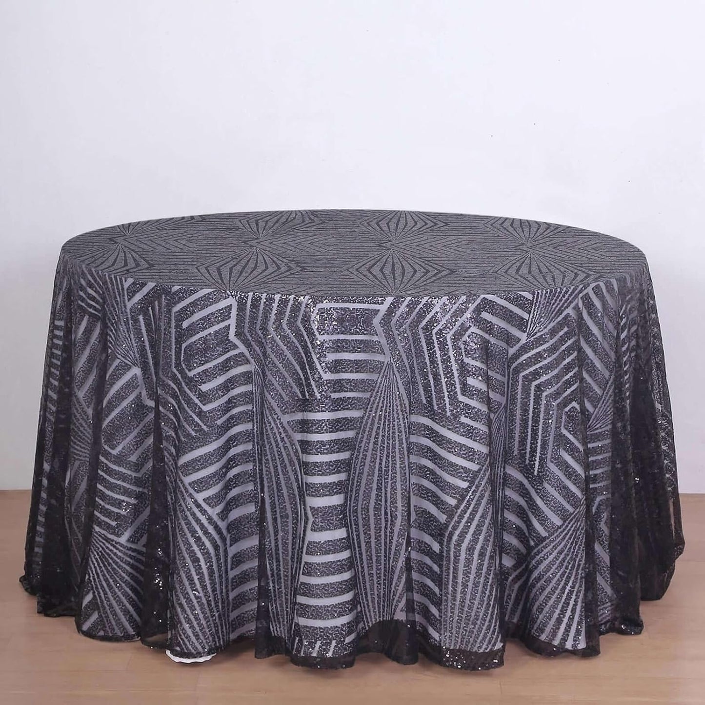 Efavormart 120" Black Sparkly Sequin Geometric Tulle Round Tablecloth