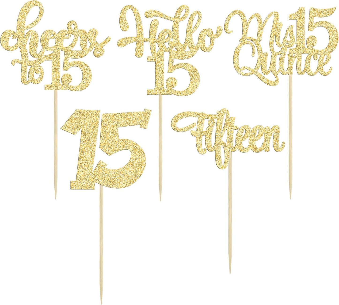 30Pcs 15th Birthday Cupcake Toppers Fifteen Cupcake Picks Cheers to 15 Years Old Mis Quince 15 Cake Decorations for 15th Birthday Anniversary Party Gold Glitter