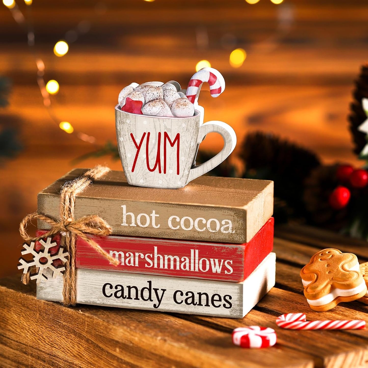 4 Pcs Christmas Table Decorations Winter Snowflake Tiered Tray Decorations Decorative Mini Wooden Books Subject Signs Block Centerpiece for Office Tabletop Shelf Housewarming Gifts