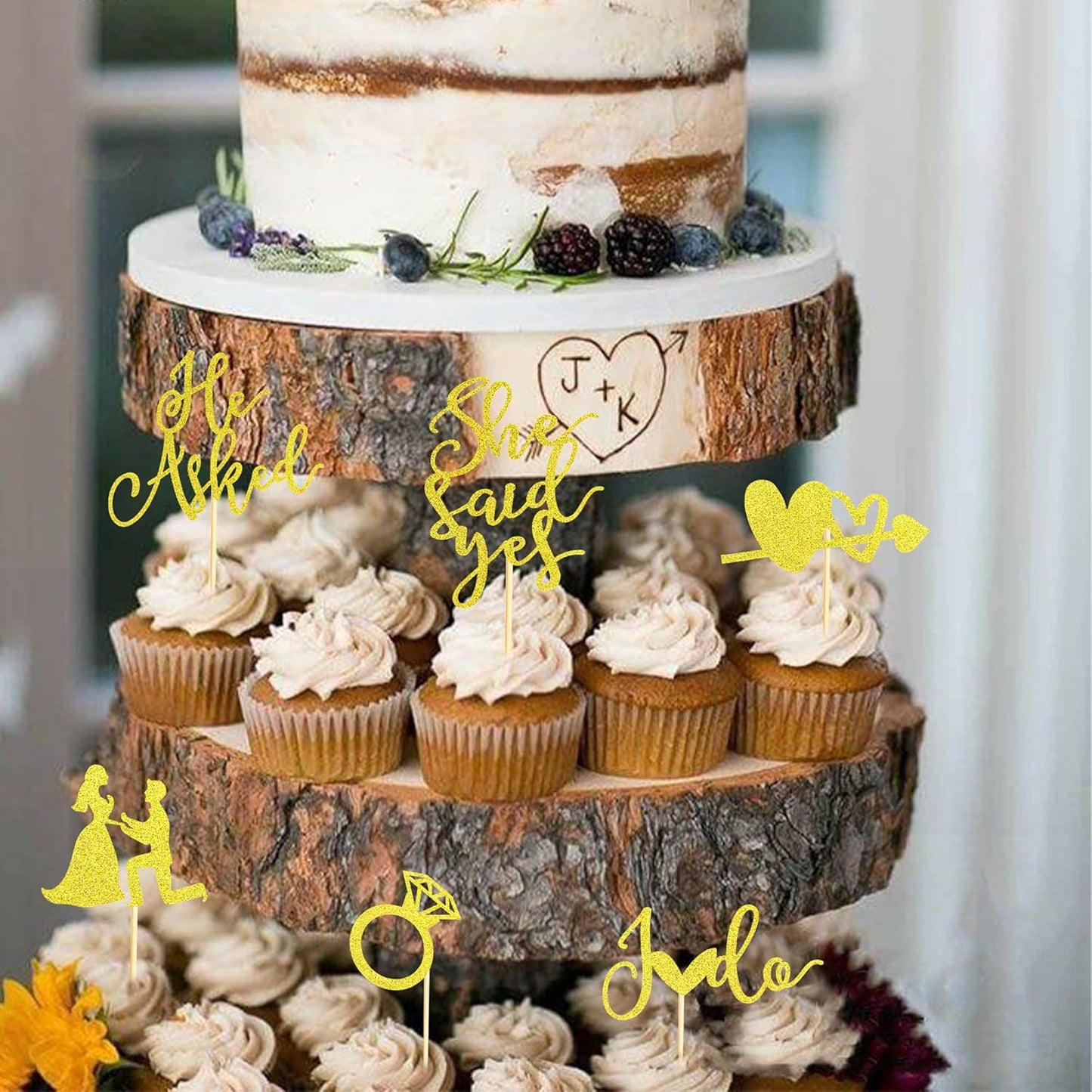 24Pcs He Asked She Said Yes Cupcake Toppers Diamond Ring Heart I Do Cake Picks for Wedding Engagement Bridal Shower Party Cake Decorations - Gold Glitter