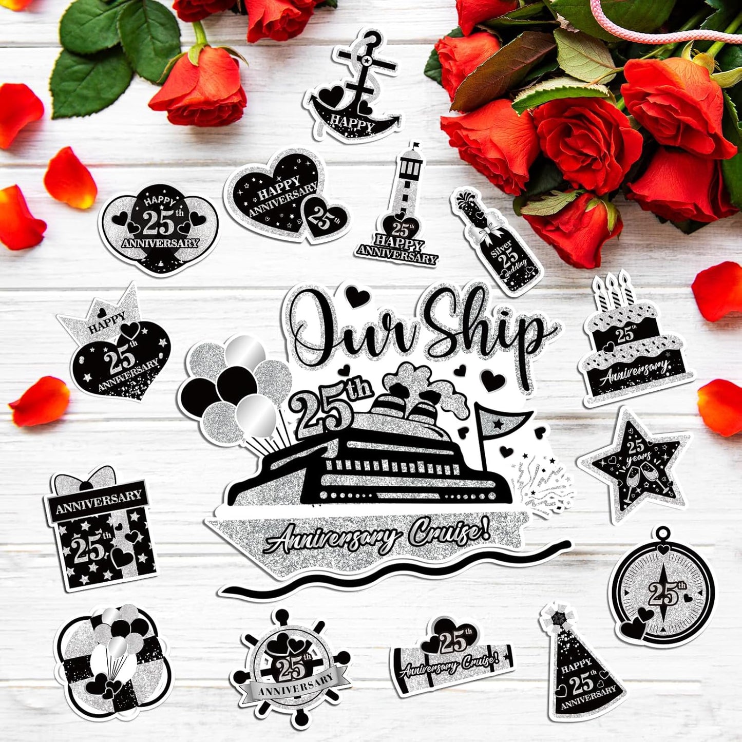 25th Anniversary Cruise Door Magnets Decorations, Black Silver Happy 25th Anniversary Cruise Ship Door Decor Magnetic for Married in 2000 Men Women Wedding Party Refrigerator Fridge Car Kitchen Garage