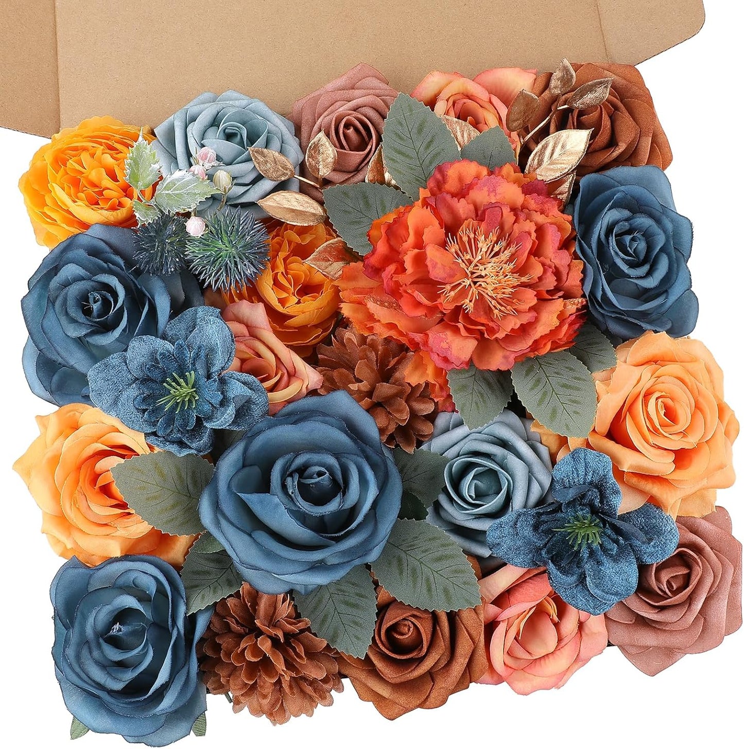 AmyHomie Teal Orange Artificial Flowers Combo Silk Mix Peony Rose Fake Flowers w/Stem for DIY Wedding Bouquets Centerpieces Arrangements Table Fall Decor Party Bridal Baby Shower Home Decorations