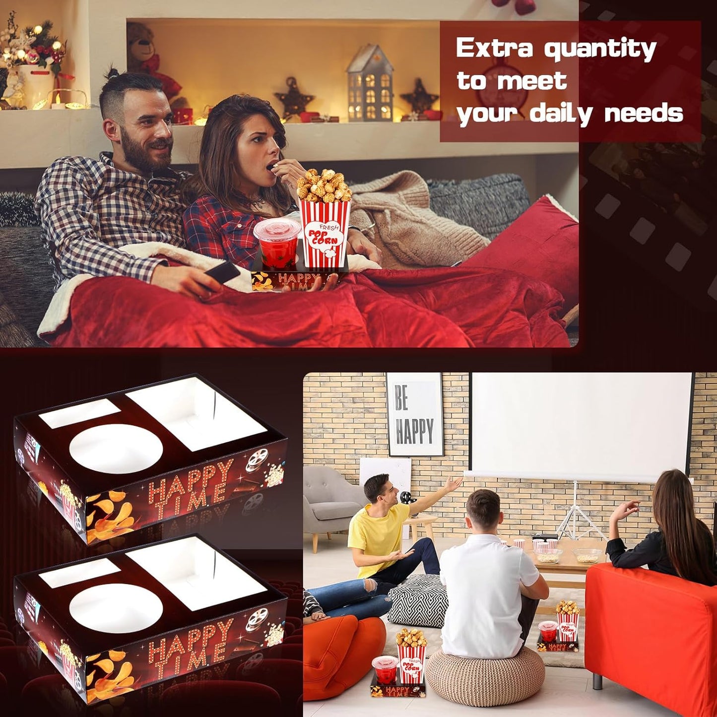 Faccito 36 Pcs Movie Night Snack Trays Movie Theater Snack Boxes Night Supply Disposable Paper Holder Tray for Popcorn Food Candy Drink Party 8 x 6 Inch(Dark Red,Retro Style)