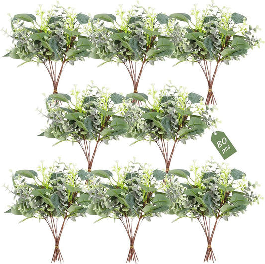 80 Pcs Mixed Eucalyptus Leaves Stems Bulk Artificial Silver Dollar Leaves for Vase Bouquets Baby Eucalyptus Leaves for Family Wedding Center Flower Arrangement