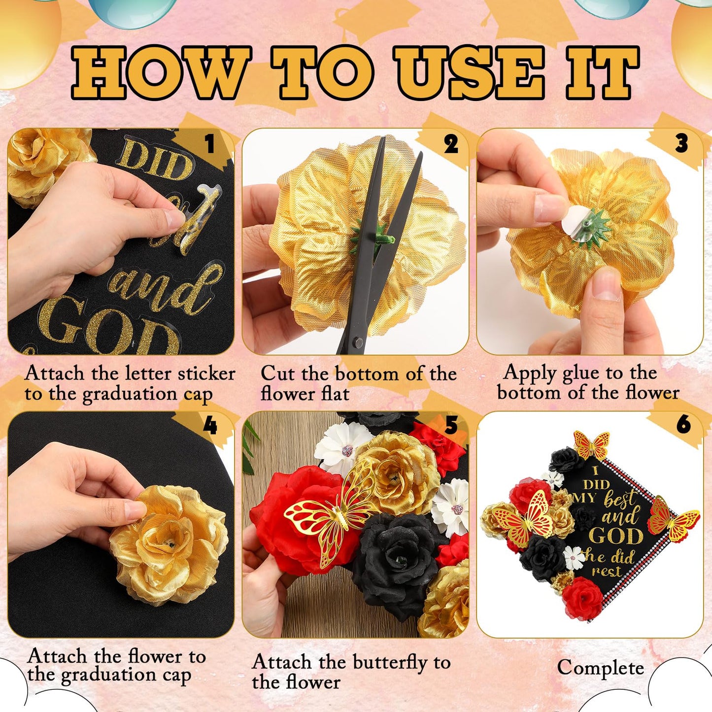 Solsew 35 Pcs DIY Graduation Cap Decorations Kit, Include Faux Flower 3D Butterfly Graduation Quote