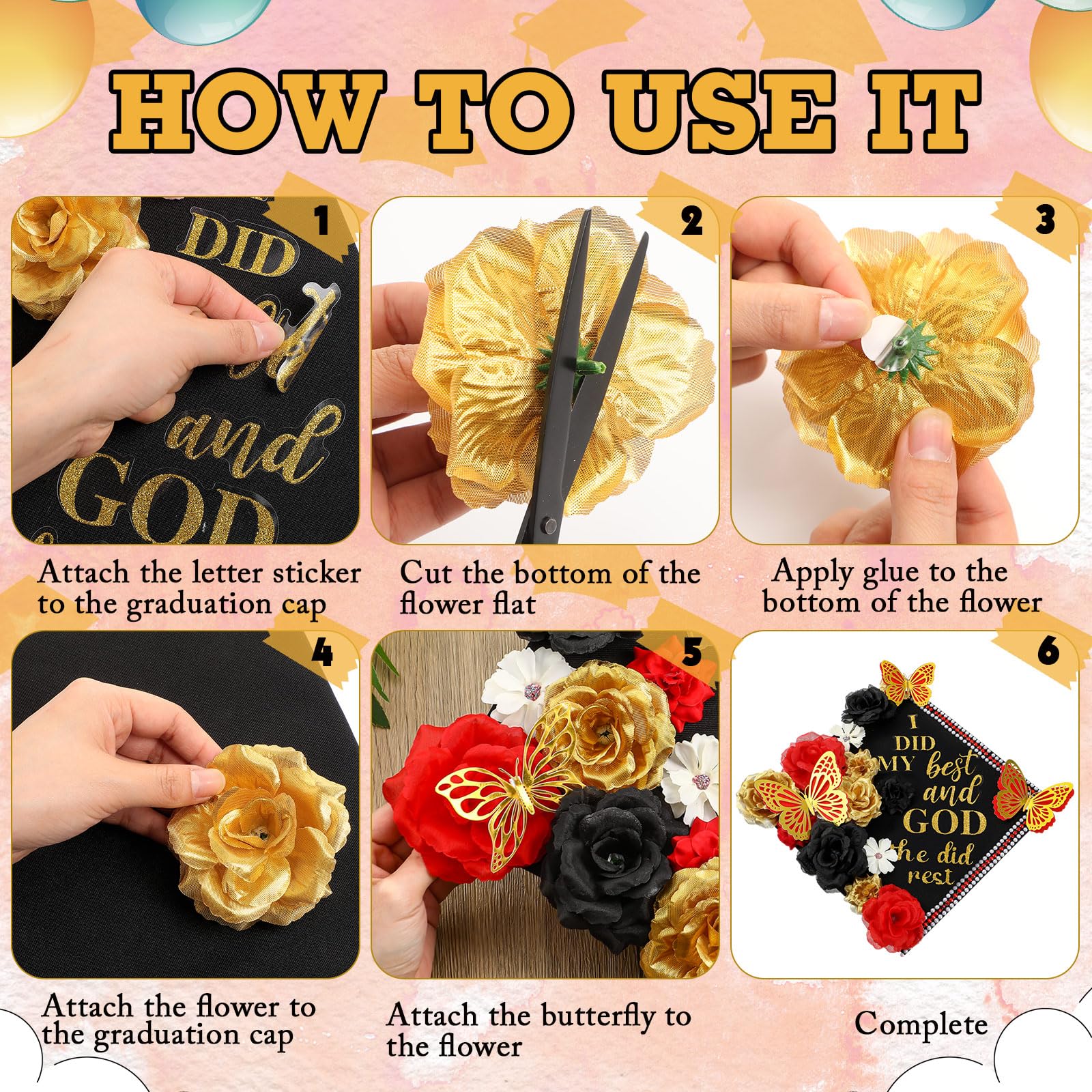 Solsew 35 Pcs DIY Graduation Cap Decorations Kit, Include Faux Flower 3D Butterfly Graduation Quote