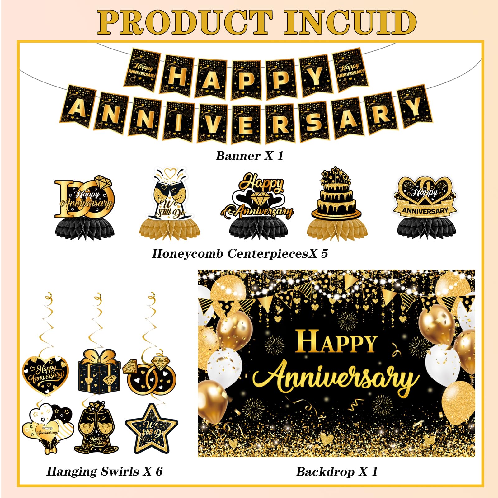 Happy Anniversary Decorations - Black Gold Wedding Party Decorations Kit, Happy Anniversary Banner