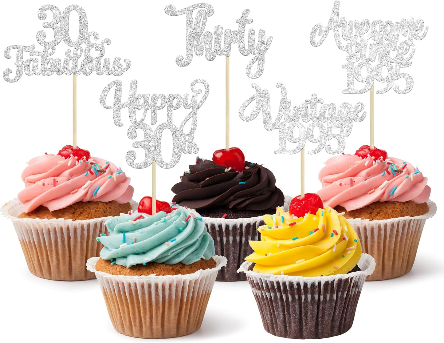 30Pcs Happy 30th Birthday Cupcake Toppers Glitter Thirty Vintage 1995 Cupcake Picks Cheers to 30 Fabulous Cake Decorations for 30th Birthday Wedding Anniversary Party Supplies Silver