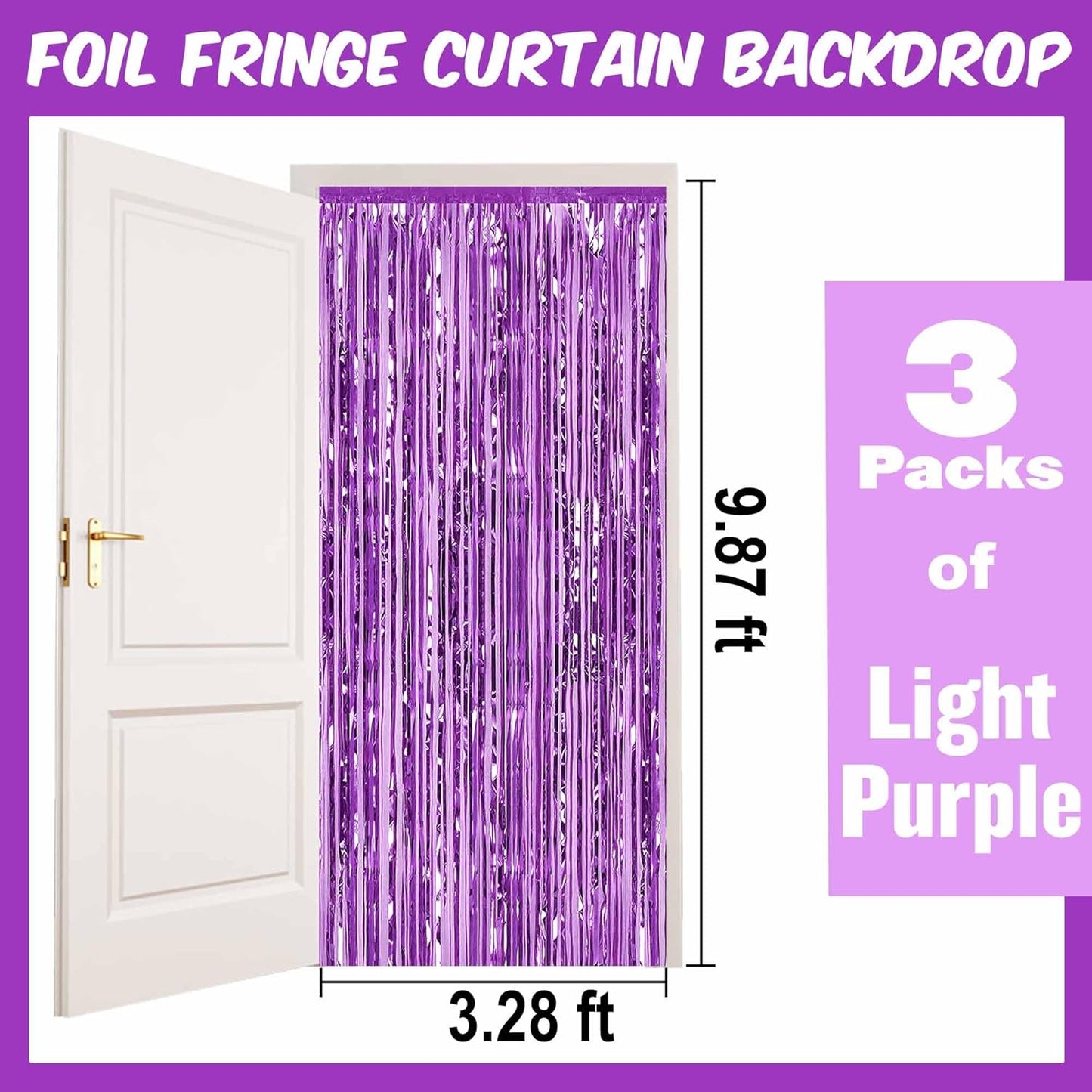 3 Pack Light Purple Foil Fringe Curtains Backdrop, 3.28 x 9.8 Ft Metallic Streamers Tinsel Curtains Background for Photo Booth, Birthday, Halloween, Christmas, Thanksgiving, New Year Party Decorations