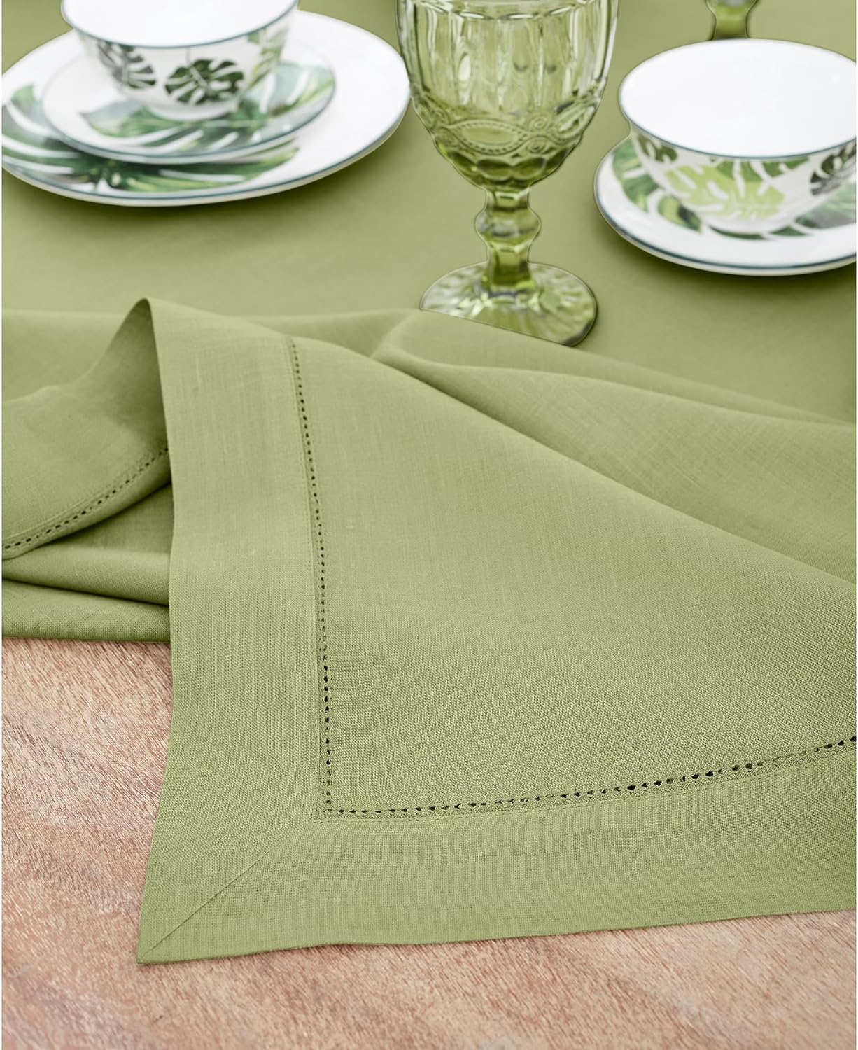 Solino Home Linen Tablecloth 60 x 132 Inch - Classic Hemstitch 100% Pure Linen Moss Green Table Cloth for Rectangle Tables - Machine Washable Tablecloth for Fall, Autumn, Thanksgiving