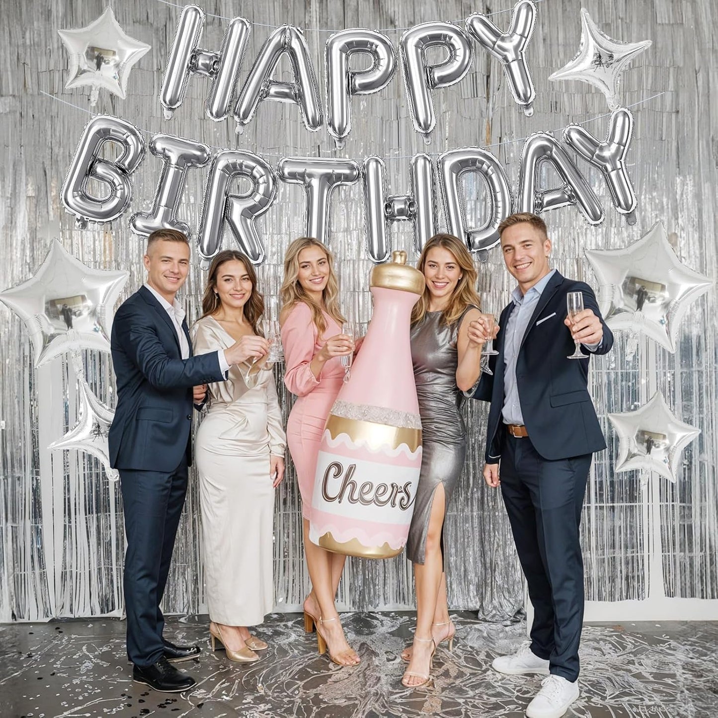 Silver Happy Birthday Balloon Banner, 16 Inch Mylar Foil Letter Balloons, Reusable Birthday Decorations with Silver Star Foil Balloons, Inflatable Party Supplies for Men Women Boys Girls Decoration