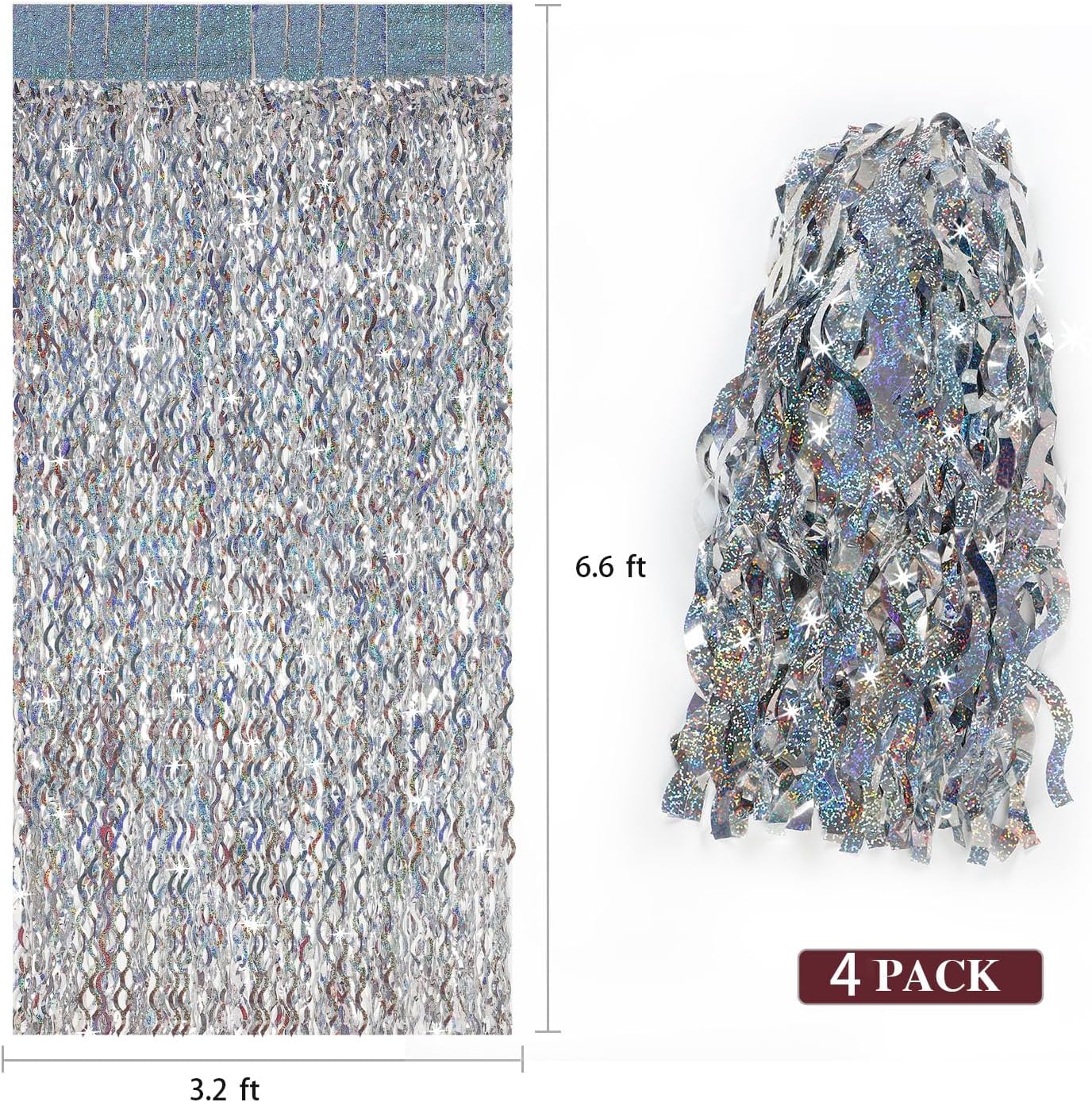 4 Pack Silver Tinsel Backdrop - CYLMFC 3.3 ft x 6.6 ft Streamer Metallic Tinsel Foil Fringe Curtains Photo Booth Props Wall Curtains for Bachelorette Birthday Party Decor