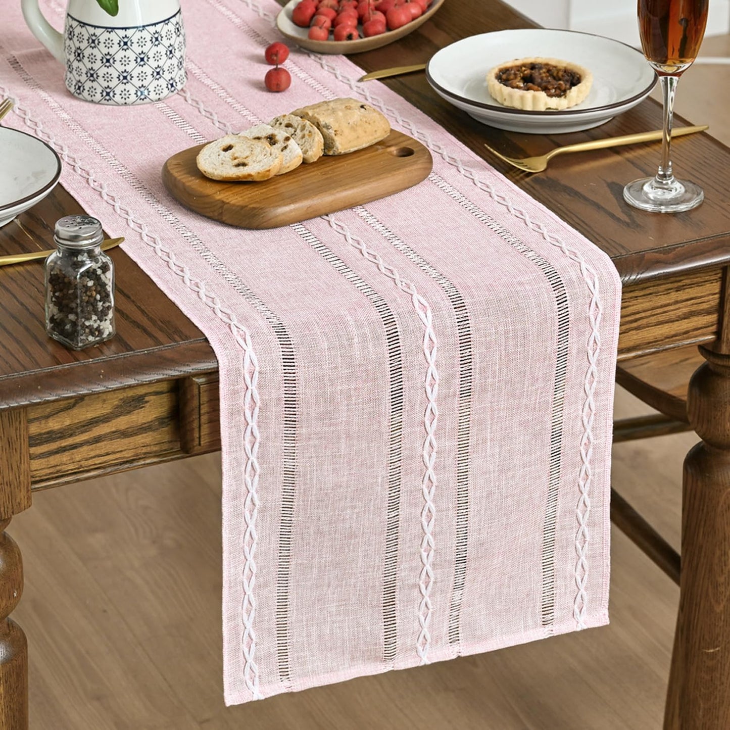 Artoid Mode Pink Rustic Cotton Linen Table Runner, Seasonal Embroidered Hollow Kitchen Dining Table Decoration for Home Party Decor 13x60 Inch