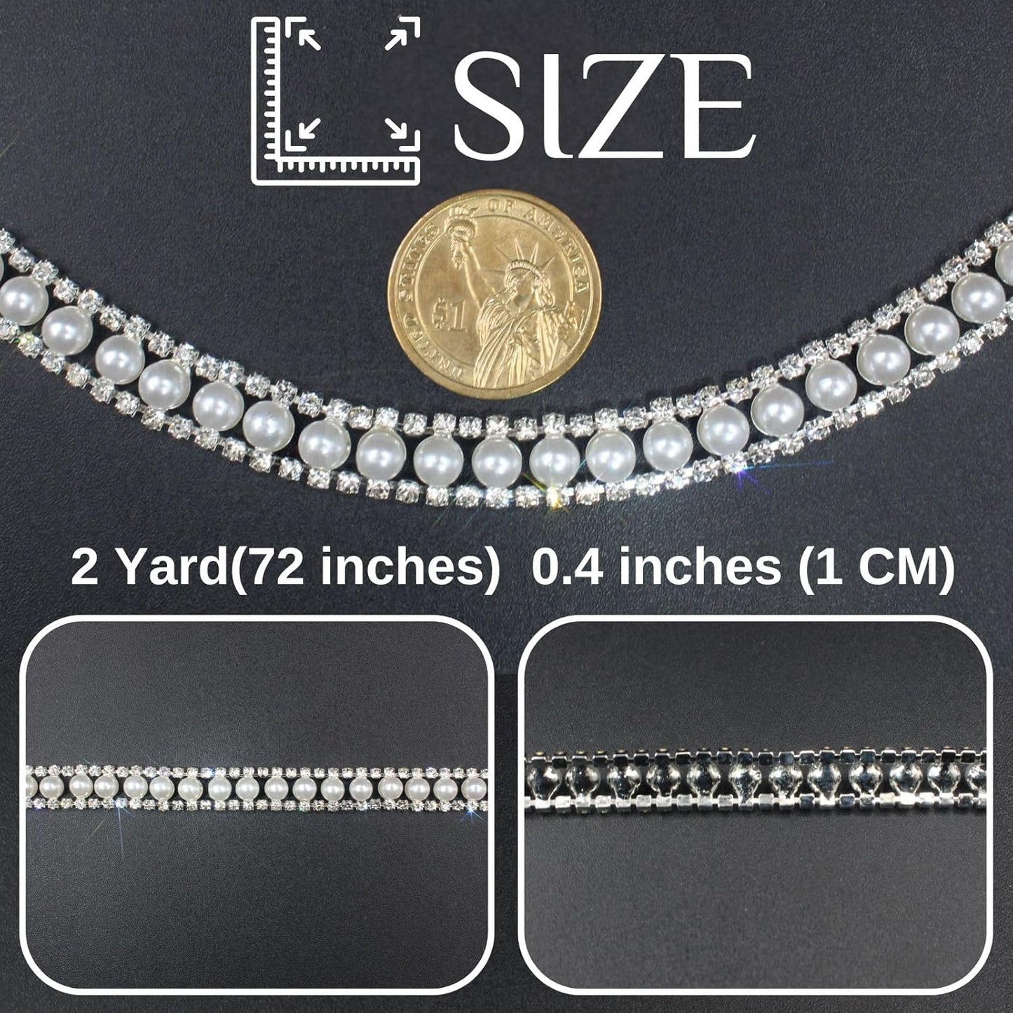PEARLY JUN 1 Yard Pearl Rhinestone Trim Chain Silver Crystal Fringe Diamond Applique Ribbon String Tassel Strip (Silver-150, 2 Yards)