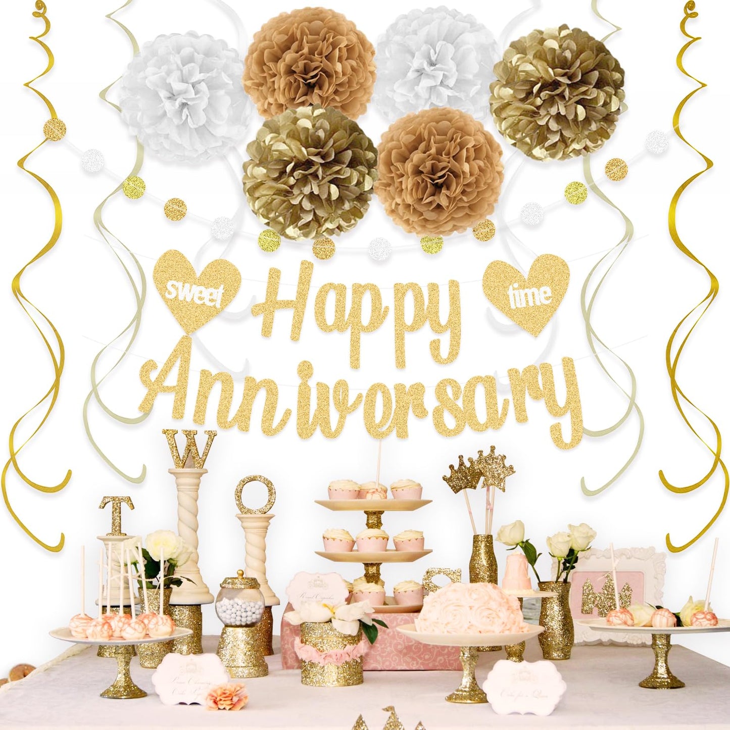 Happy Anniversary Decorations with Gold Happy Anniversary Banner, 18pcs