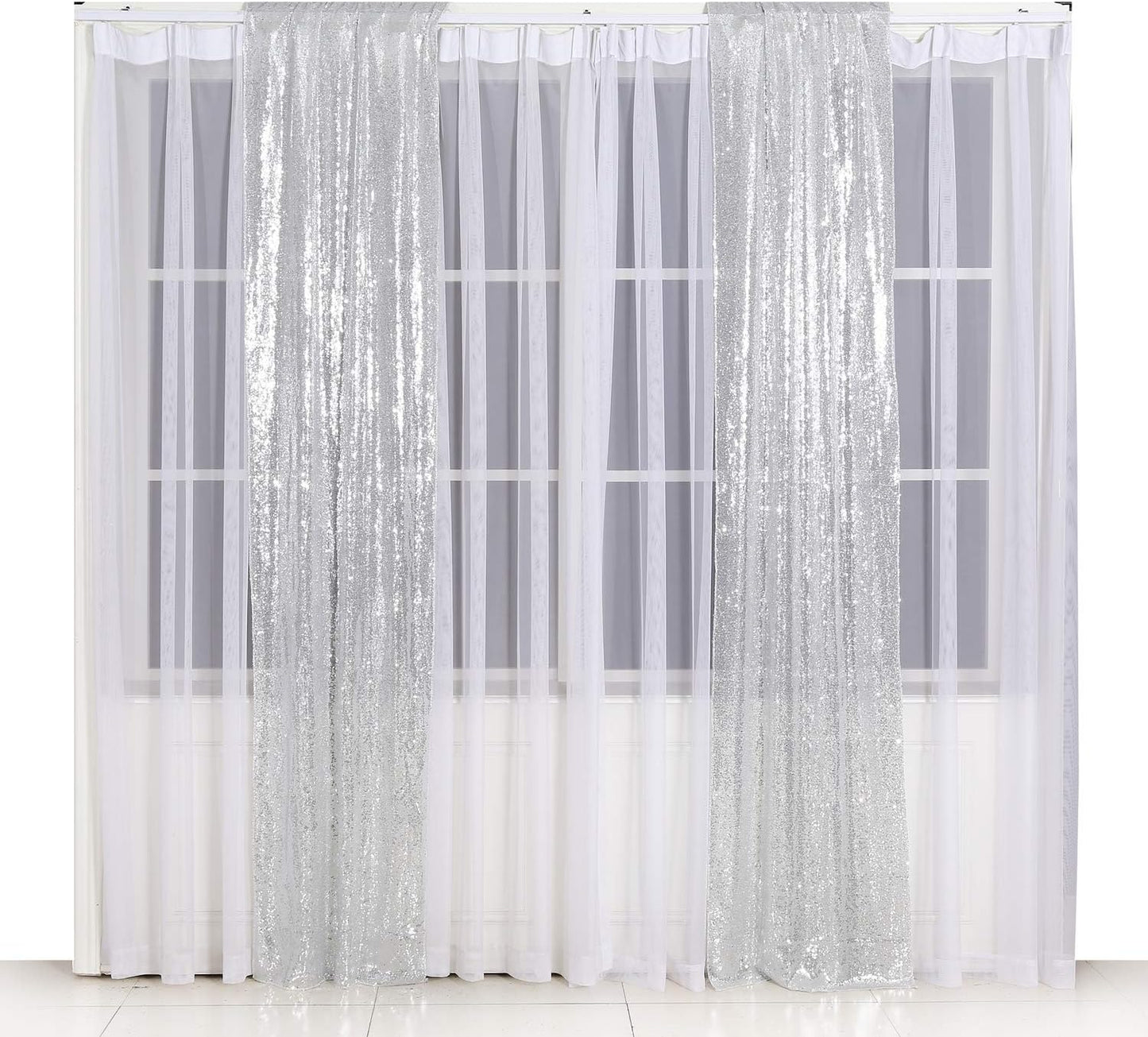 Poise3EHome Silver Sequin Backdrop Curtains,2ft x 8ft Sequin Photography Backdrop Curtain 2 Panels for Party Decoration