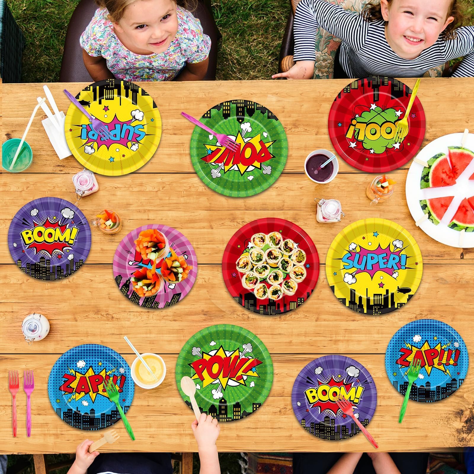 96Pcs Super Theme Hero Party Plates and Napkins Forks for Comic Heroes Birthday Decorations Hero's