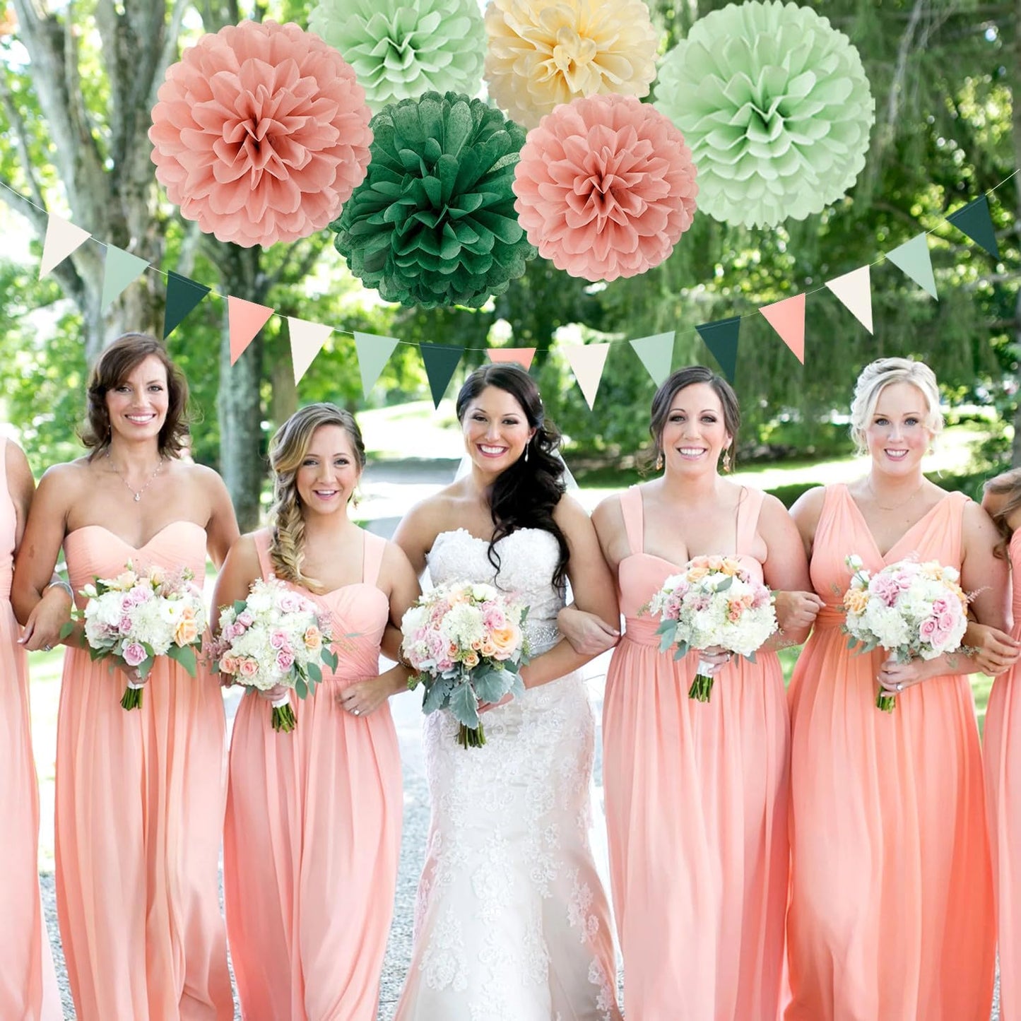 Sage-Olive Green Pink-Beige Boho Party Decorations -23pcs Rustic Neutral Wedding Paper Tissue Pom Poms Streamers,Tassel Garland Banner,Birthday Baby Bridal Shower Engagement Decor Lasting Surprise