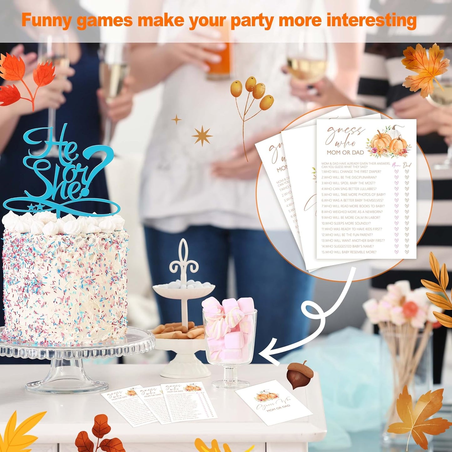 Baby Shower Games, Thanksgiving Guess Who Mom or Dad Game Cards, 25 Sets Baby Gender Reveal Party Decorations Supplies Favors - E01