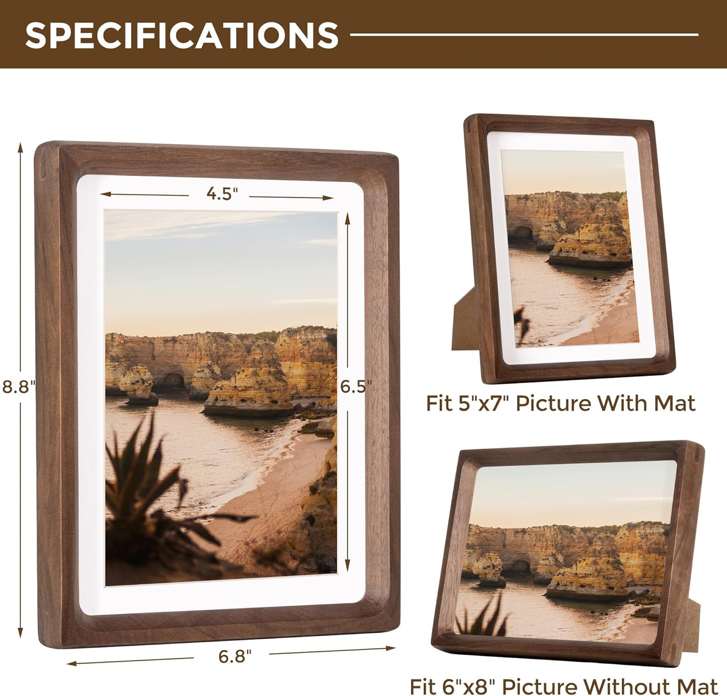 6x8 Frame USA-Sourced Natural Walnut Wood Solid Wood Photo Frame Handcrafted Rounded Corner with Mat to 5x7 Picture Frames Display with Real Glass Family Picture, Wedding Picture, Photo, Certificate