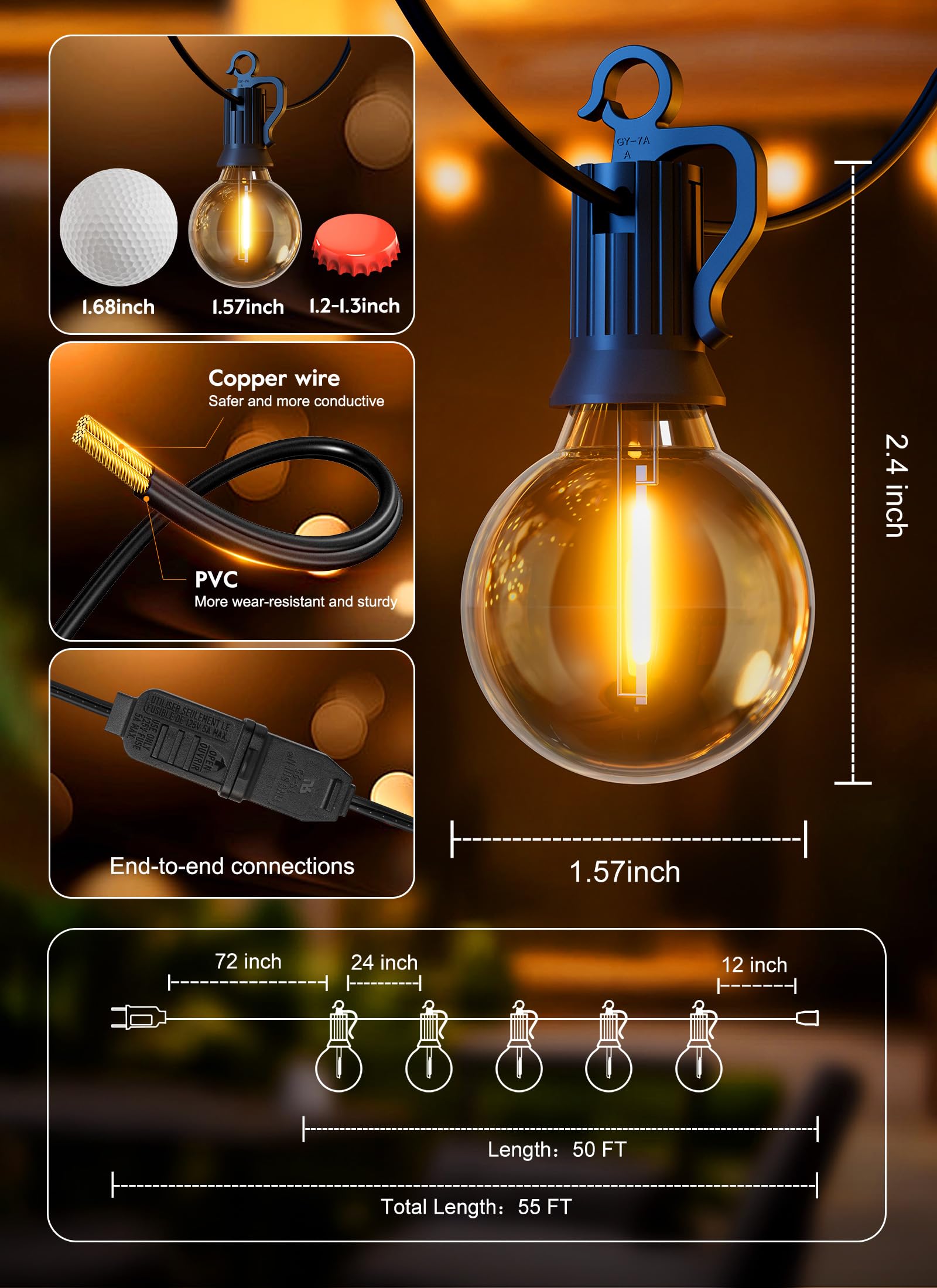 Outdoor String Lights, 55(50+5) FT 25 Bulbs IP65 Waterproof Patio Lights